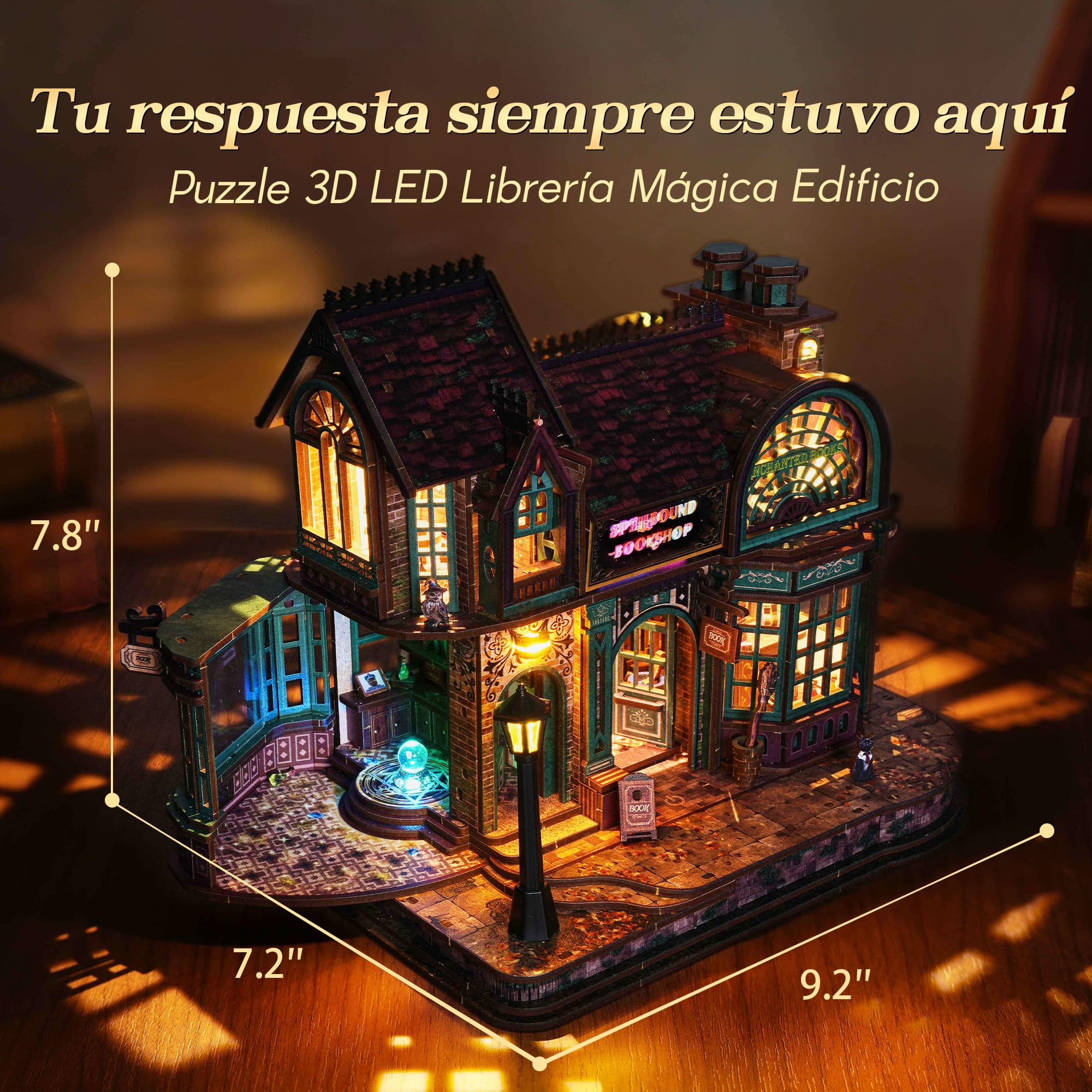 FUNPOLA Puzzle 3D de Madera Librería Mágica con Luces LED – Kit Miniatura DIY Spellbound Bookshop, decoración para el hogar y Regalo Creativo para Adultos y Adolescentes