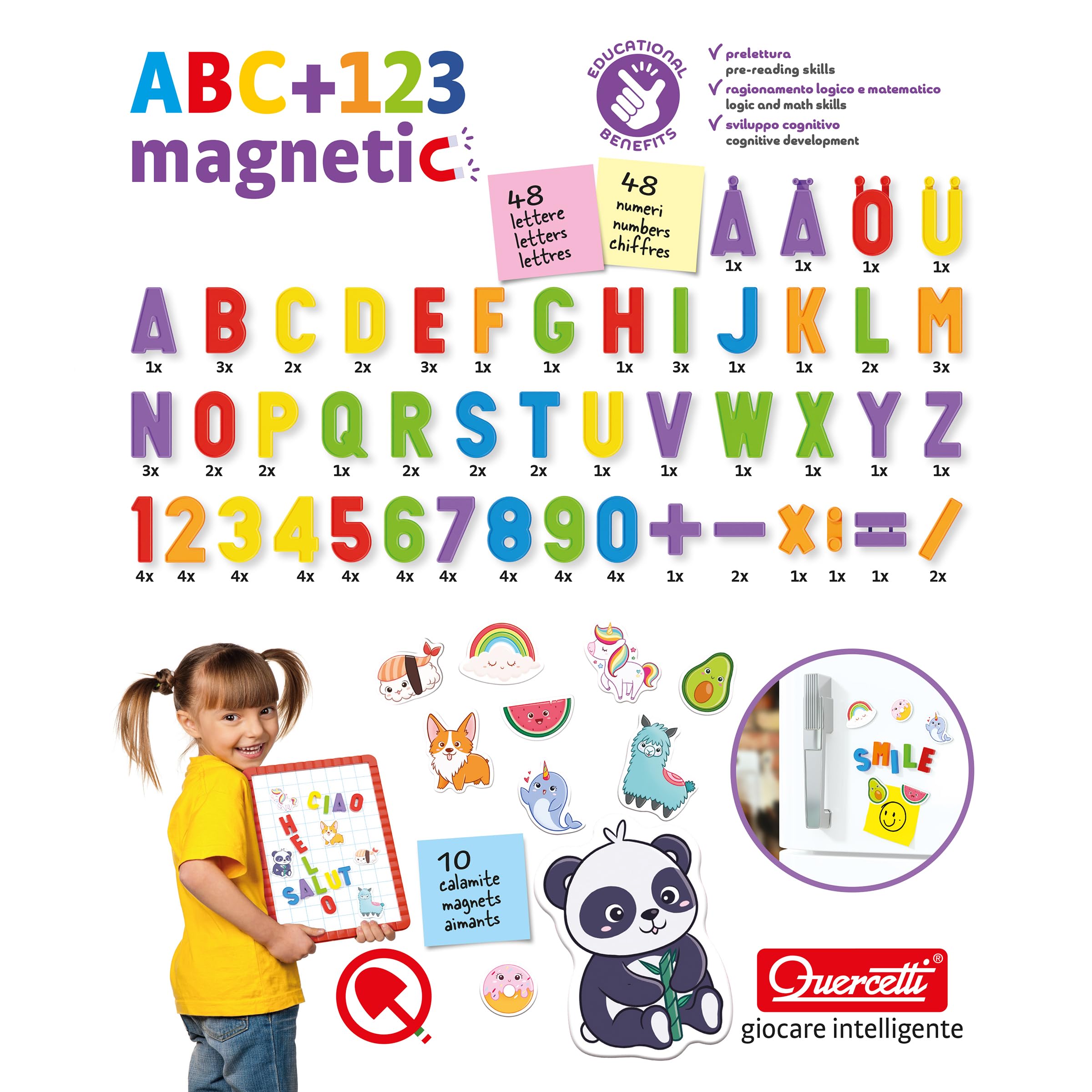 Quercetti ABC 123 Magnetic, Lettere e Numeri Magnetici per Bambini, Calamite Giochi Educativi 4 Anni, per Lavagna Magnetica, Giochi Magnetici per Bambini, Made in Italy
