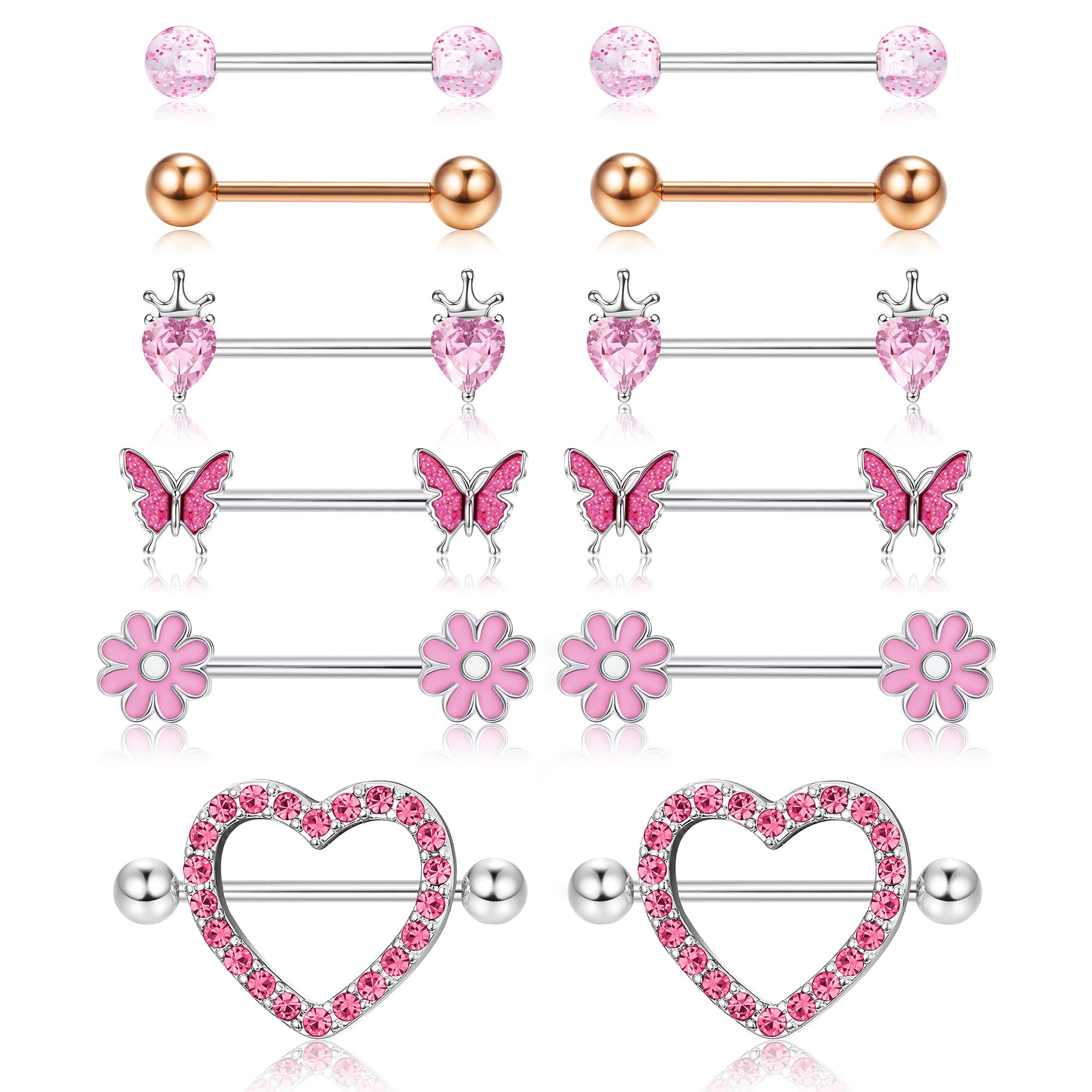 FUNRUN JEWELRY6 Pairs 14 G Nipple Rings for Women - Surgical Steel CZ Heart Butterfly Flower Snake Barbell - Cute Body Piercing Jewelry