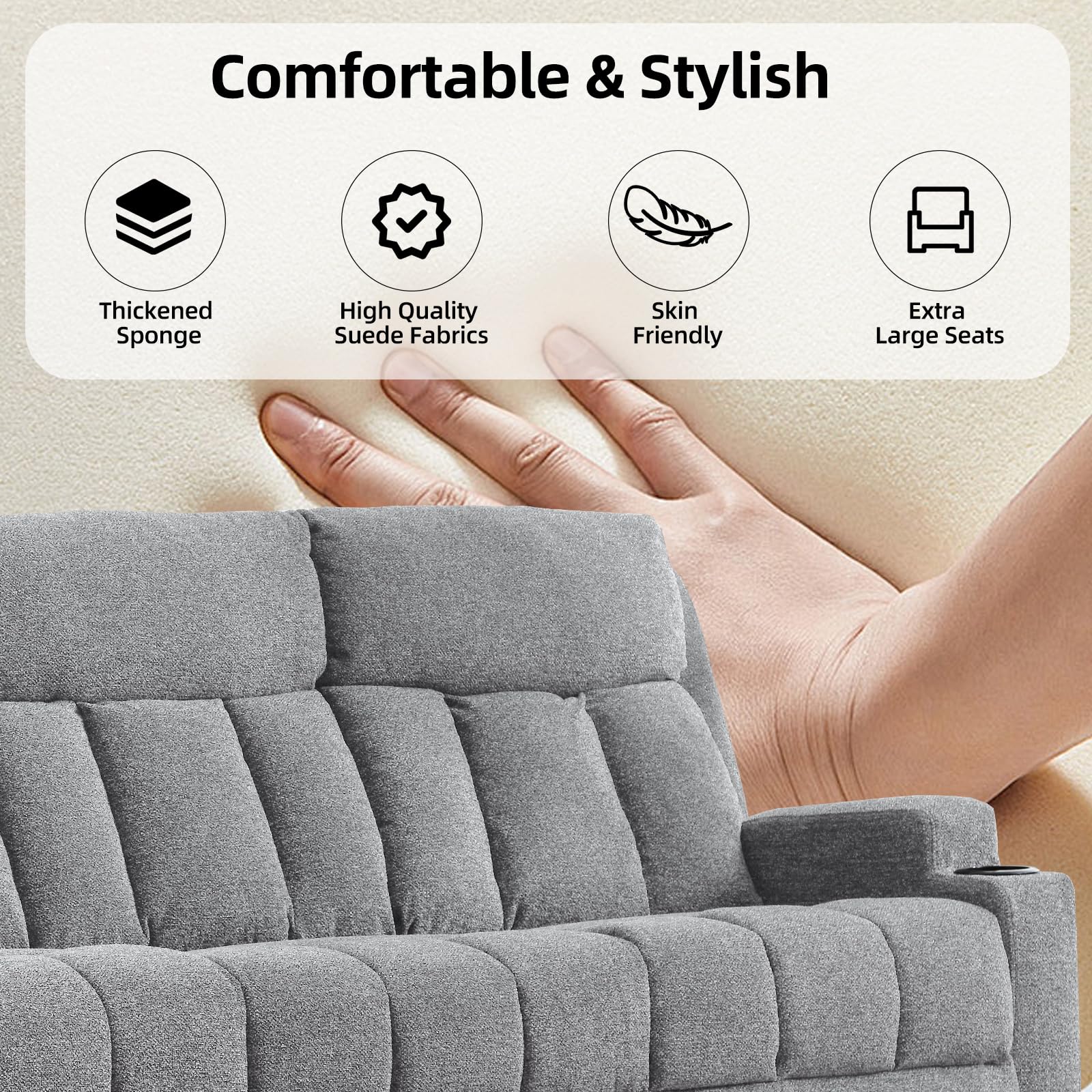 CANMOV Manual Recliner Sofa Set, Fabric Recliner Living Room Furniture Sets, 1 Seat Reclining Chair and a 3 Seate Sofa Furniture Set with Side Pockets and Cup Holders, Light Grey view 7