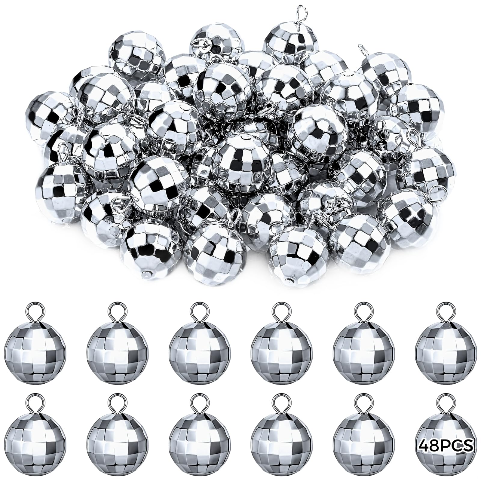 48-Piece Mini Silver Mirror Disco Ball Ornaments, Retro Dance Party Decor With Hanging Loop For Christmas & Weddings