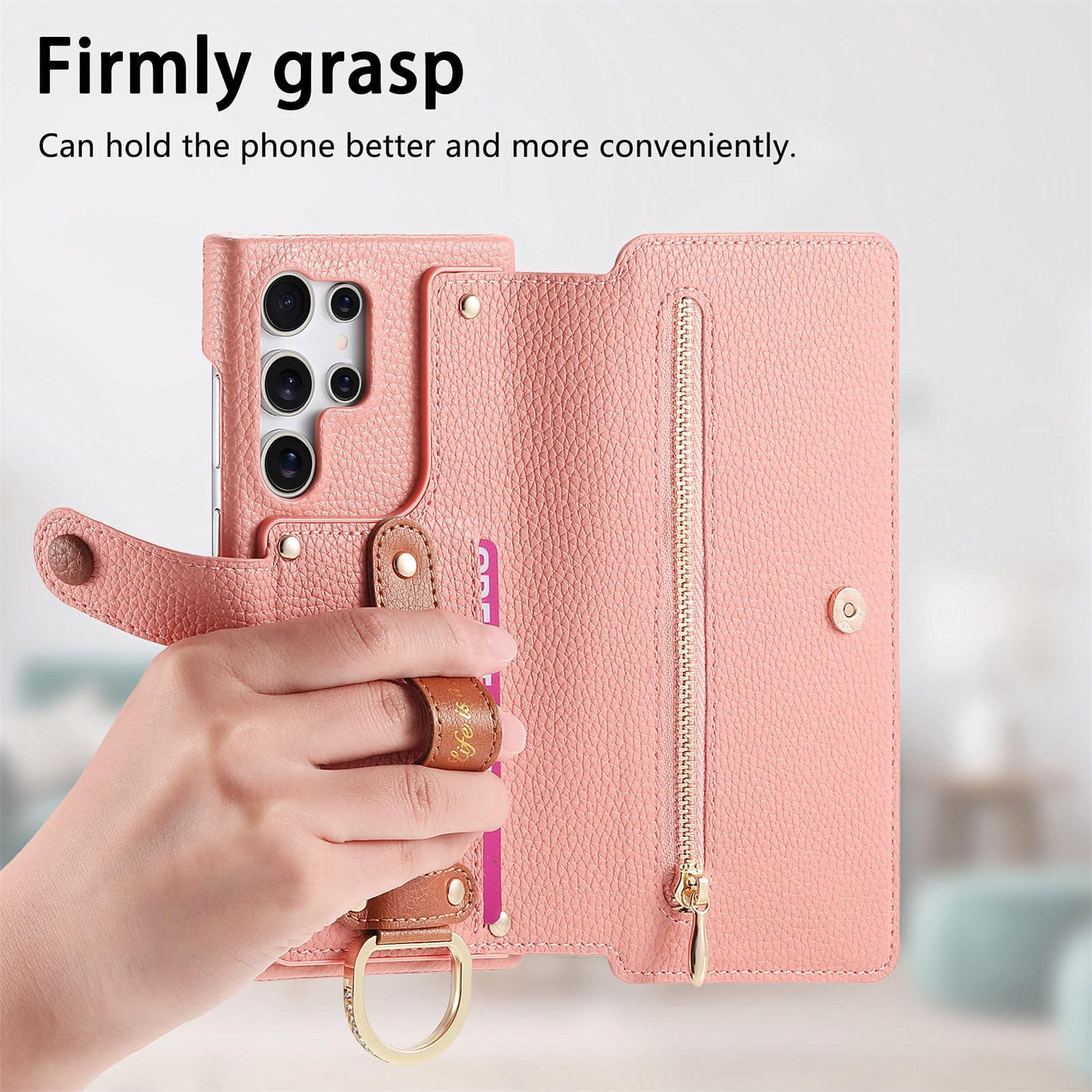 Etui z paskiem na nadgarstek do Samsung Galaxy S26 Ultra/S26+/S26, brokatowy portfel z fakturą liczi, etui z klapką i stojakiem ochrona RFID, niebieski, S26+