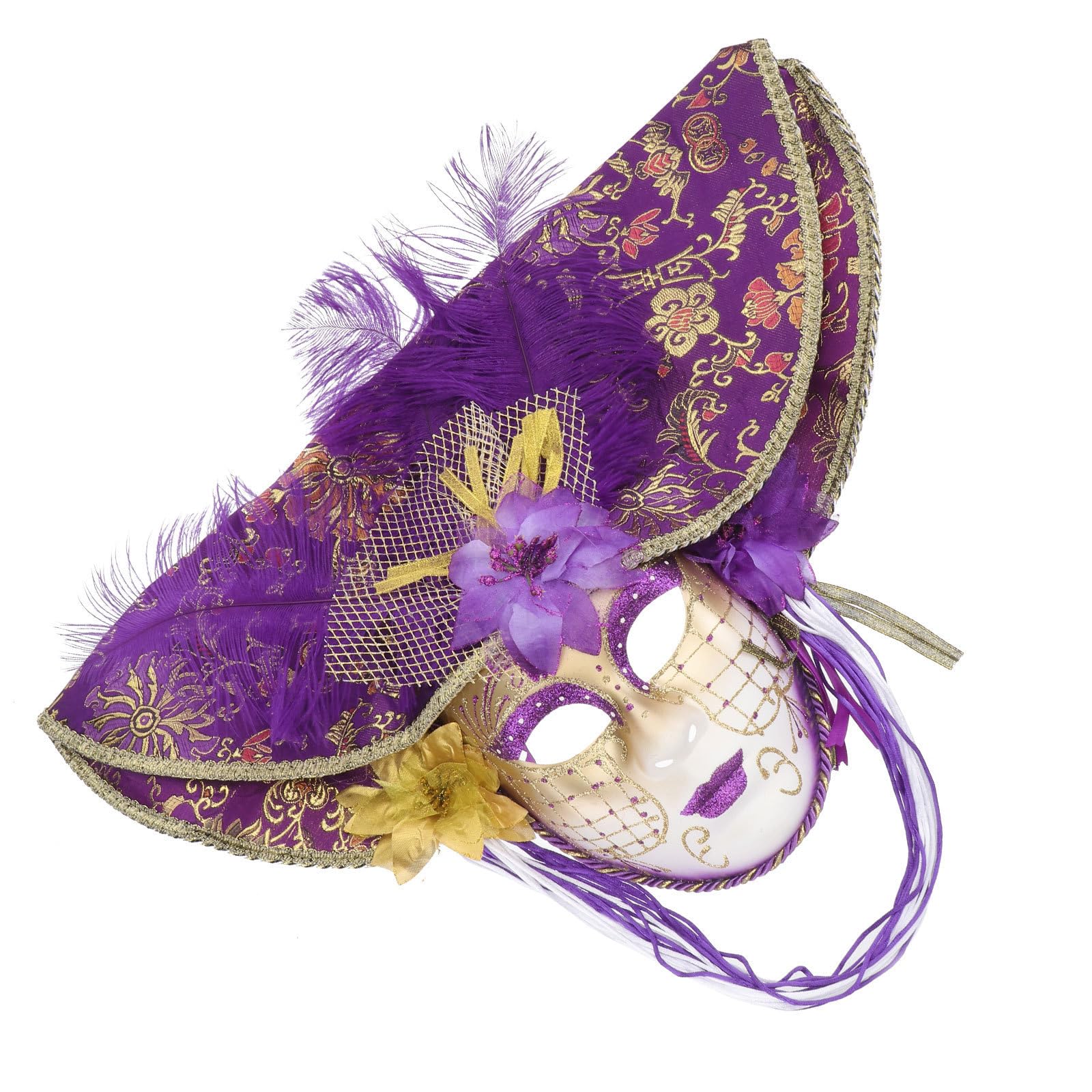 Amosfun Máscara Veneciana de Plástico para Mujer Diseño de Cara Completa y Sombrero Grande, Adecuado para Bailes de Mascarada y Cosplay en Adultos