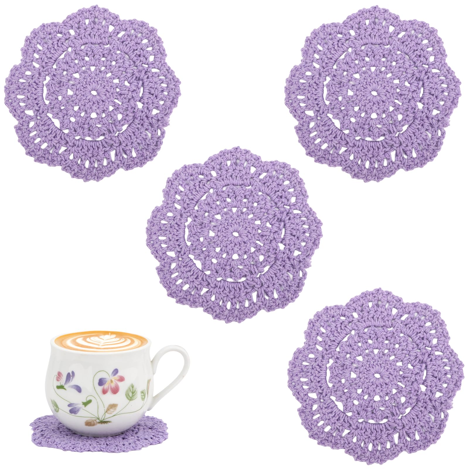kilofly Small Crochet Cotton Lace Coasters Doilies Pack Set, 4pc, Round, 4 inch (Purple)