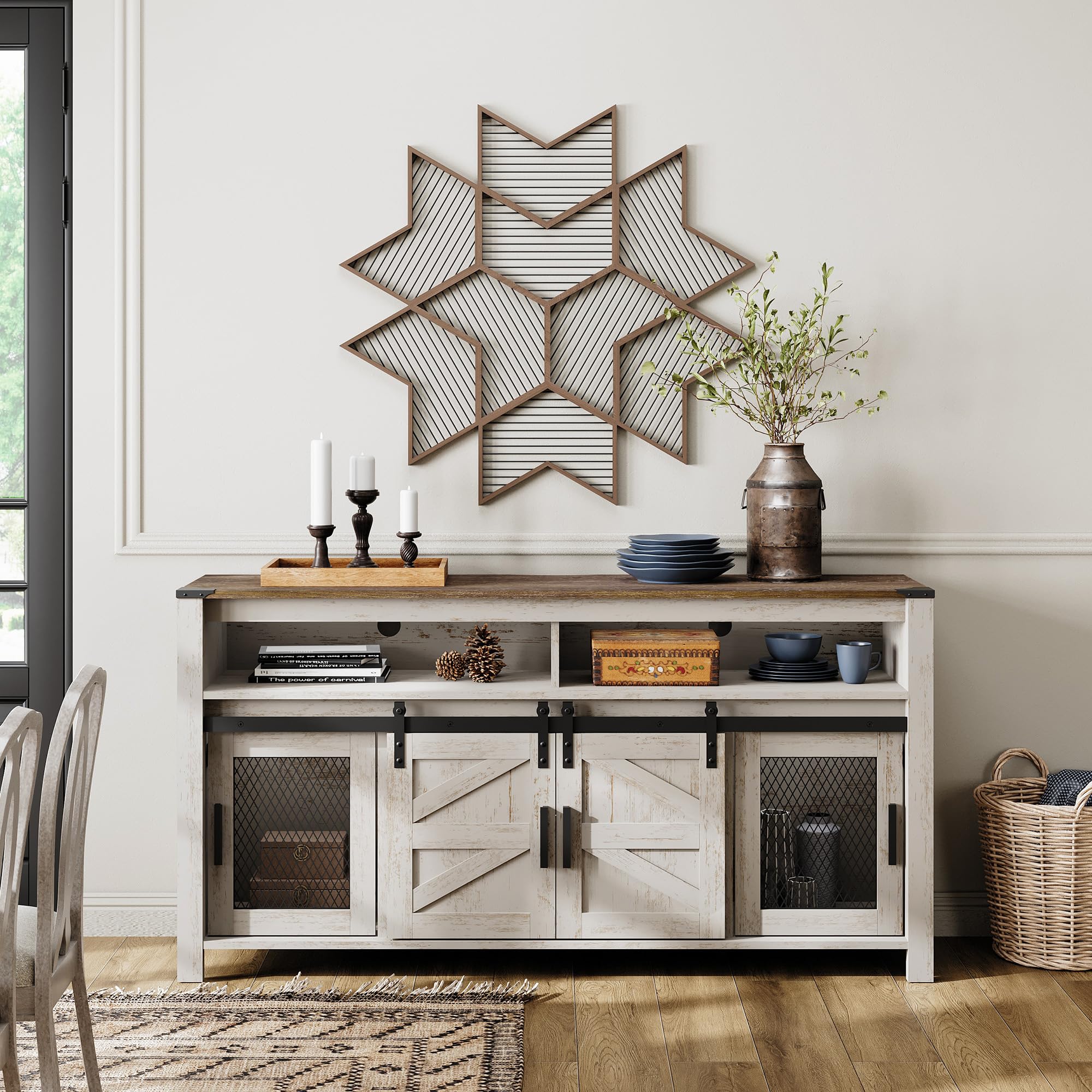 WAMPAT Farmhouse Buffet Cabinet, Rustic Sideboard with Sliding Barn Doors, 59" Coffee Bar Storage Cabinet with Mesh Doors, Rustic White Cupboard Table for Kitchen, Dining Room, Living Room
