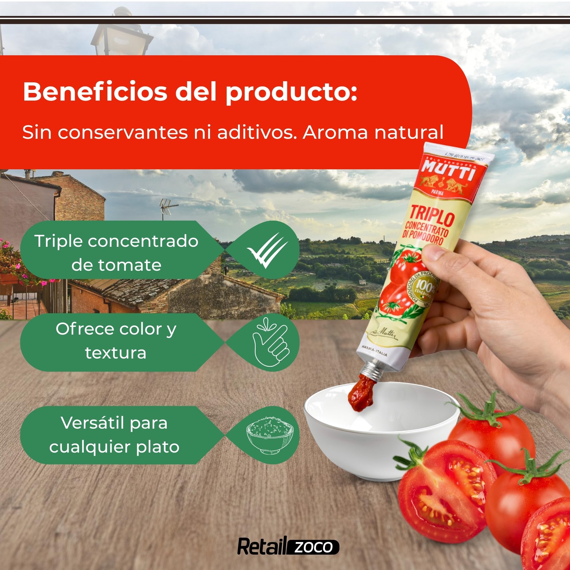 Concentrado de tomate triple Mutti, Pasta de Tomate Triple Concentrada, Hecho de pomodoro 99,6%, sal, Sin Gluten, Sin Lactosa, Sin huevos, Producto Italiano, Contiene 3 tubos de 185 gr - imagen 3
