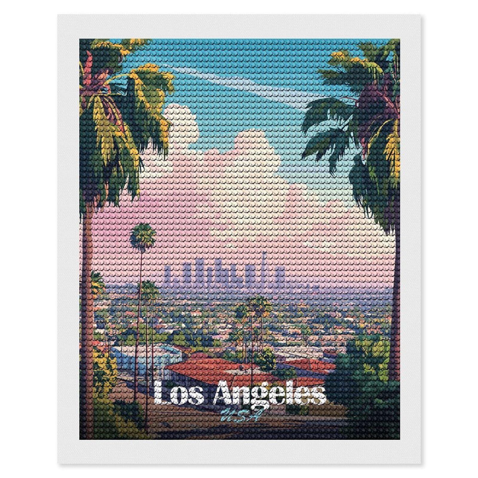 Junmoney Los Angeles Skyline Art Diamond Painting Canvas Set 16"x20", for Women, Pleasing Wall Art Project, Aesthetic Room Decor, Gift Idea