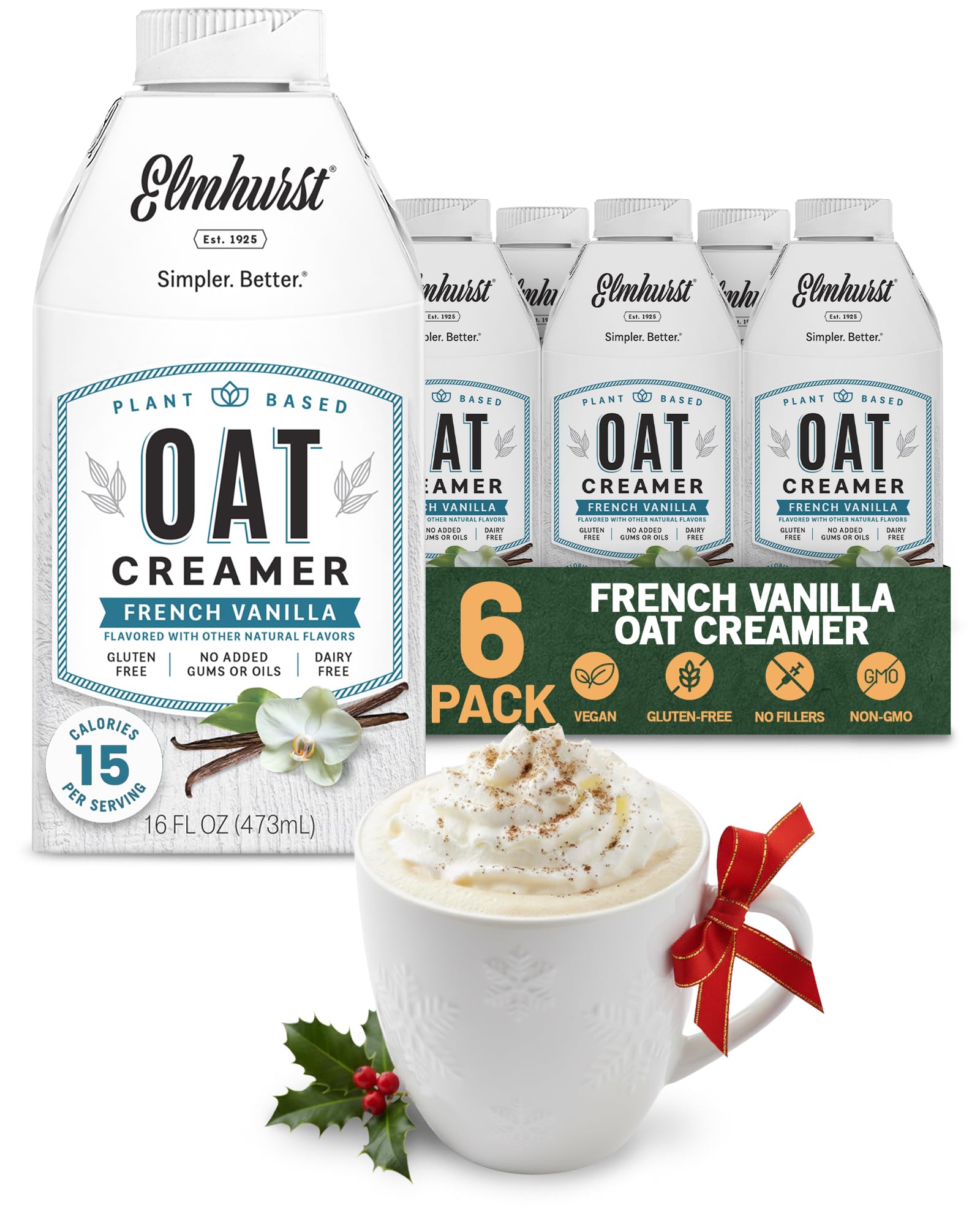 1925 French Vanilla Oat Creamer - 16 Ounce (Pack of 6) Dairy-Free, Vegan, Kosher, Low Sugar, Shelf Stable Creamer Made with Water & Oat Grains for Healthier, Simpler Plant Based Alternatives