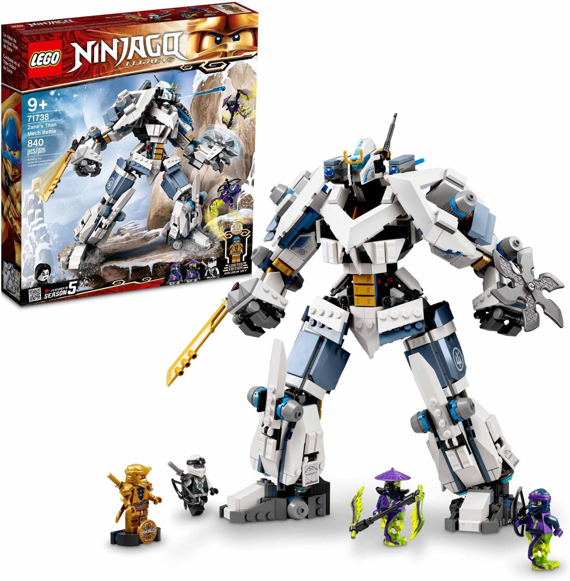 LEGO NINJAGO Legacy Zane’s Titan Mech Battle, 71738 Action Figure Ninja Toy with Golden Jay Minifigure and Ghost Warriors, Gifts for Kids, Boys & Girls