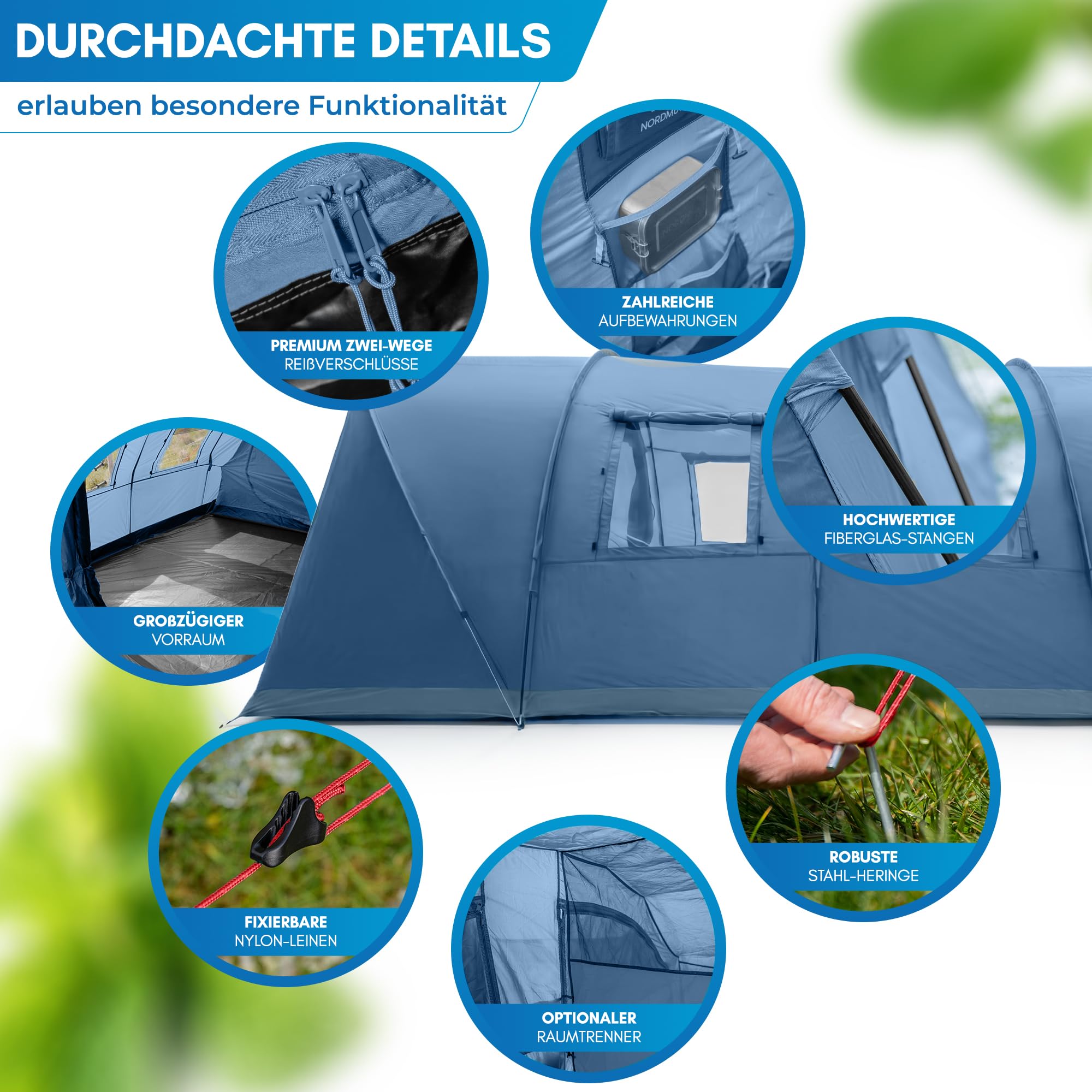 NORDMUT® Tunnelzelt 4 oder 6 Personen windfest inkl. Vordach & Boden – stabiles Familienzelt mit Stehhöhe – Campingzelt wasserdicht mit hervorragender Luftzirkulation