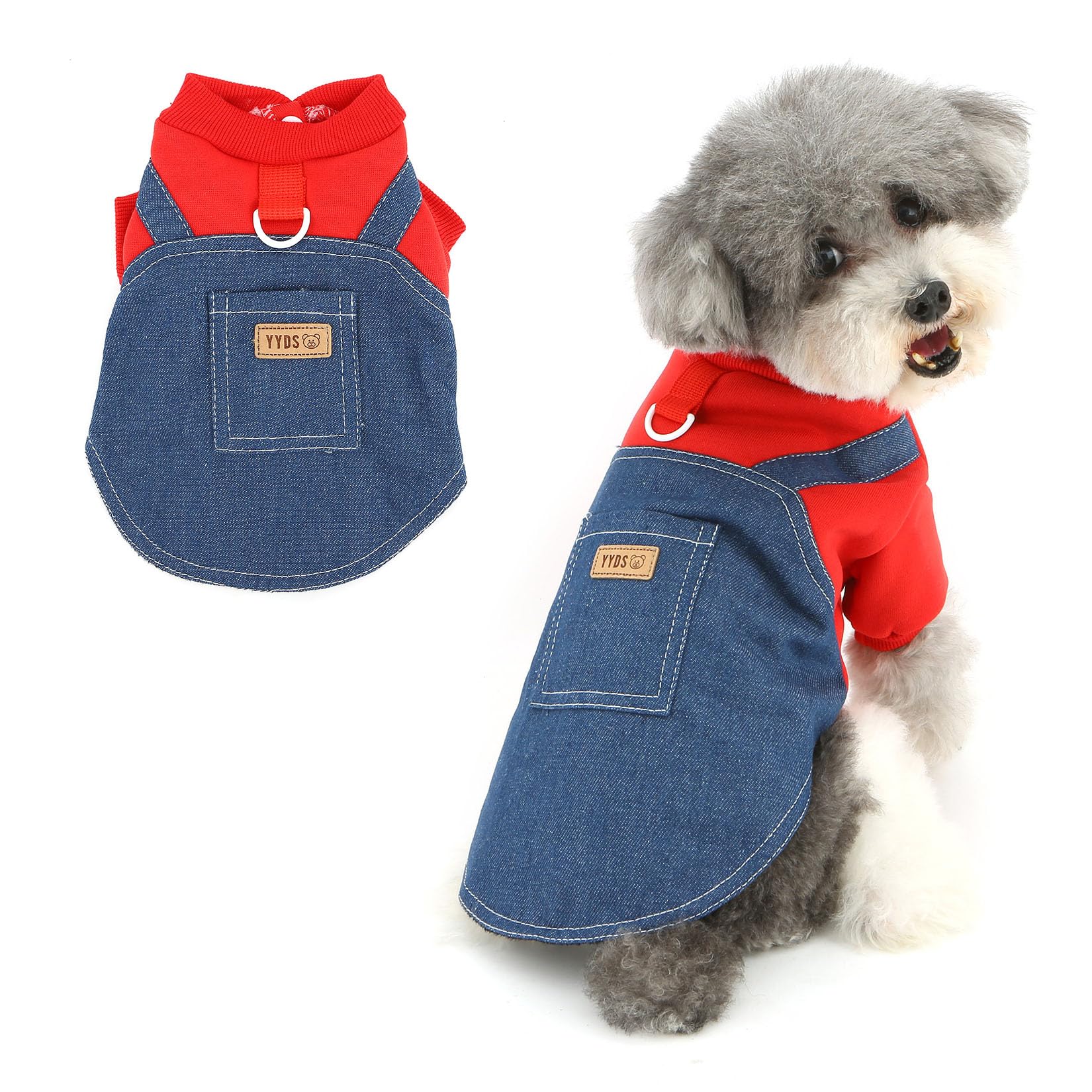 Ranphy Fleece Lined Denim Dog Vest with Sweatshirt for Small Dogs Warm Patchwork Puppy Outfit with D-Ring Soft Cozy Pet Jacket Winter Autumn Clothes Chihuahua Yorkie Cat Apparel Red M