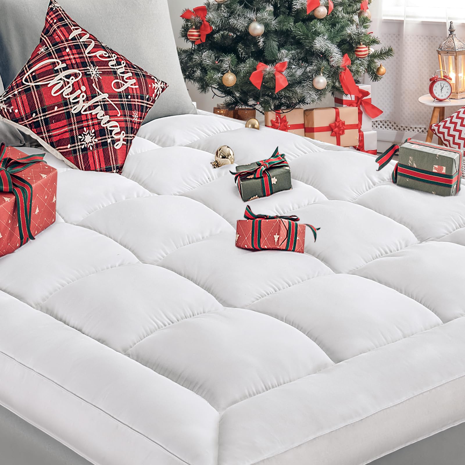 NEXHOME PRO Mattress Topper Queen, Extra Thick Cooling Mattress Pad with Elastic Bands, Organic Down Alternative Filled Pillow Top for Back Pain Relief MTS23003-WHI-6080