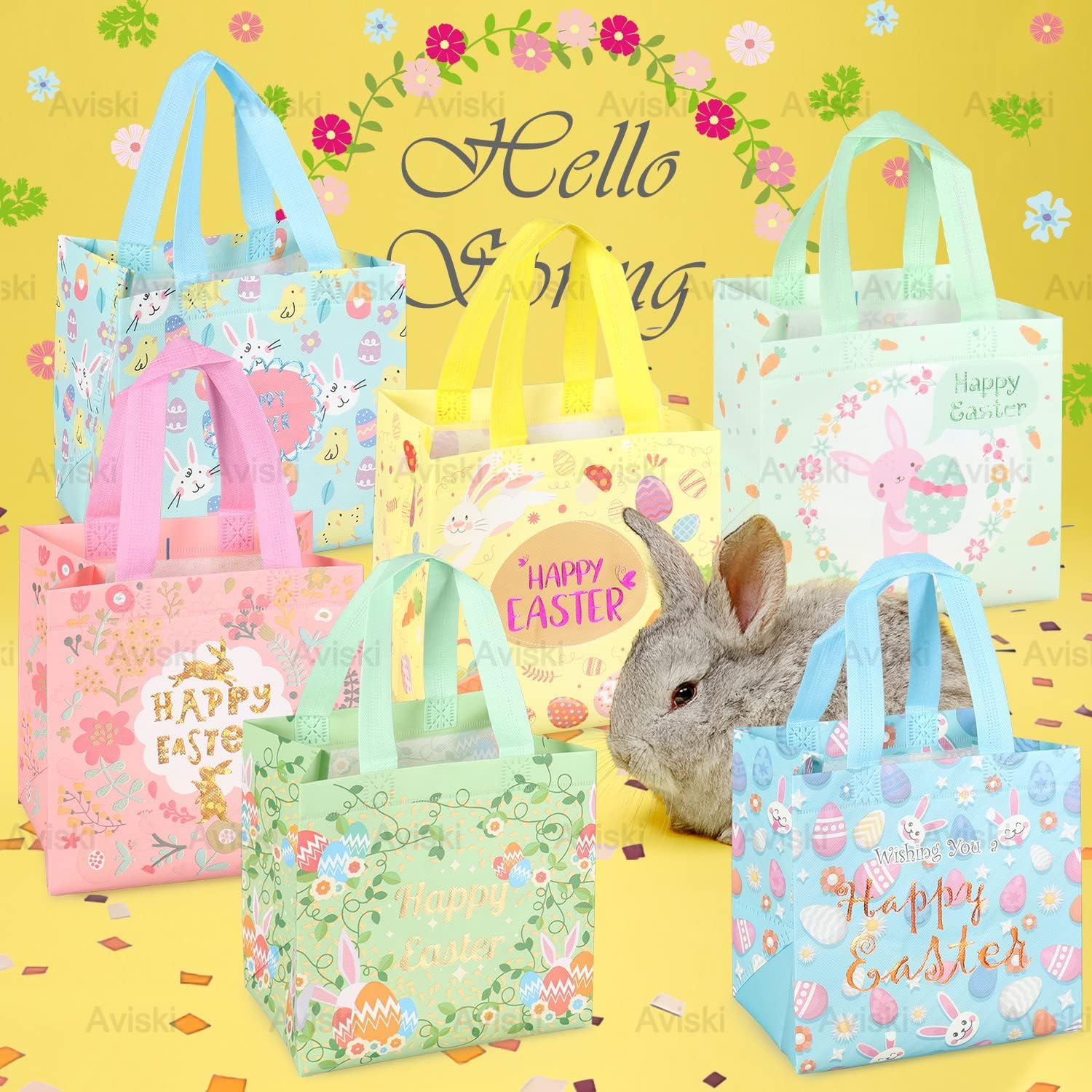 6 Stück Ostereier-Suche Taschen – Mit Griffen, 30x30x10 Cm, Aus Vlies, Mit Oster-Motiven (Hase, Karotte, Küken) – Für Ostergeschenke, Süßigkeiten, Partyzubehör