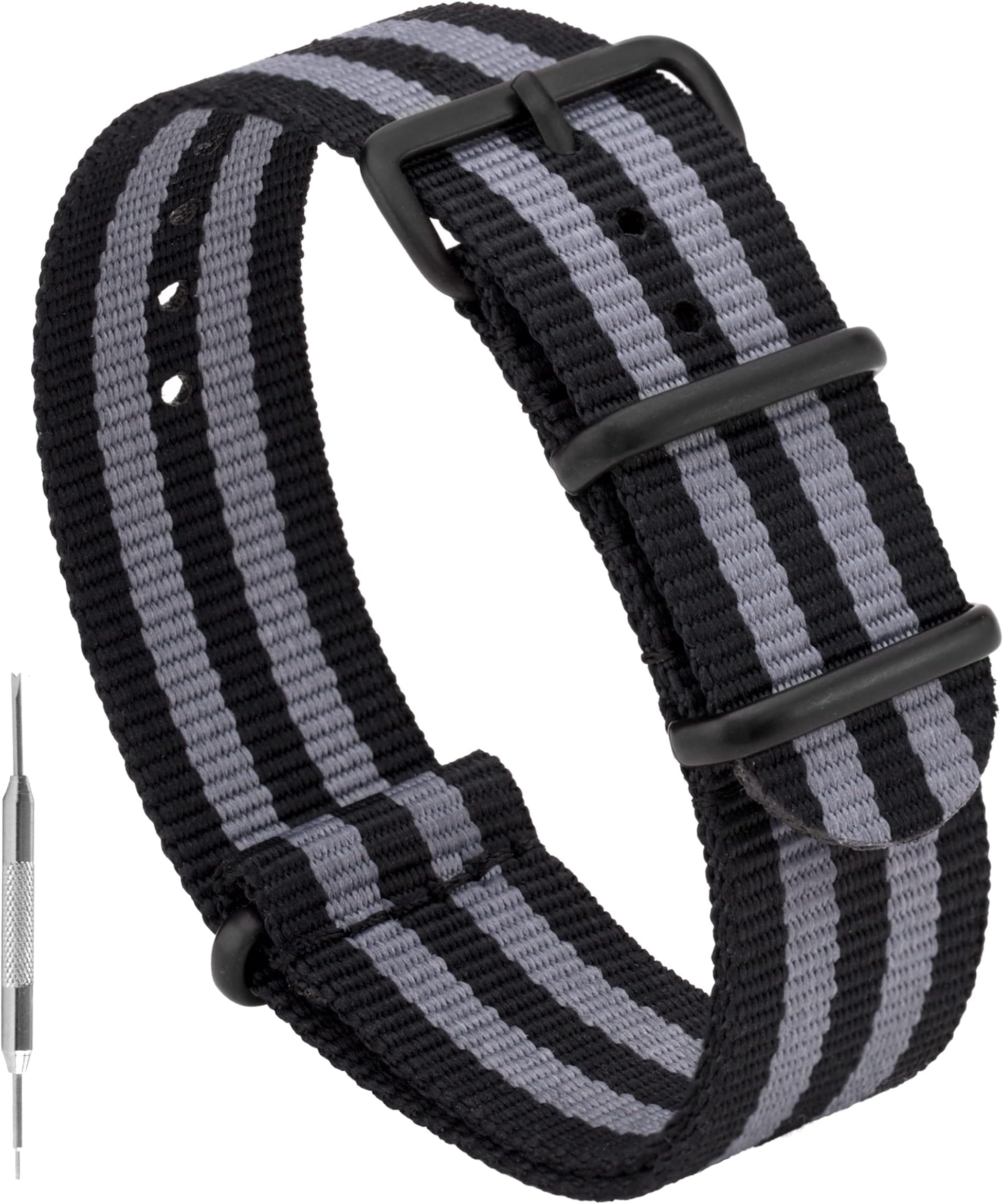 Benchmark Basics Nylon Watch Band - Waterproof Ballistic Nylon One-Piece Military Watch Straps for Men & Women (18mm, Black / Grey Bond Striped PVD)