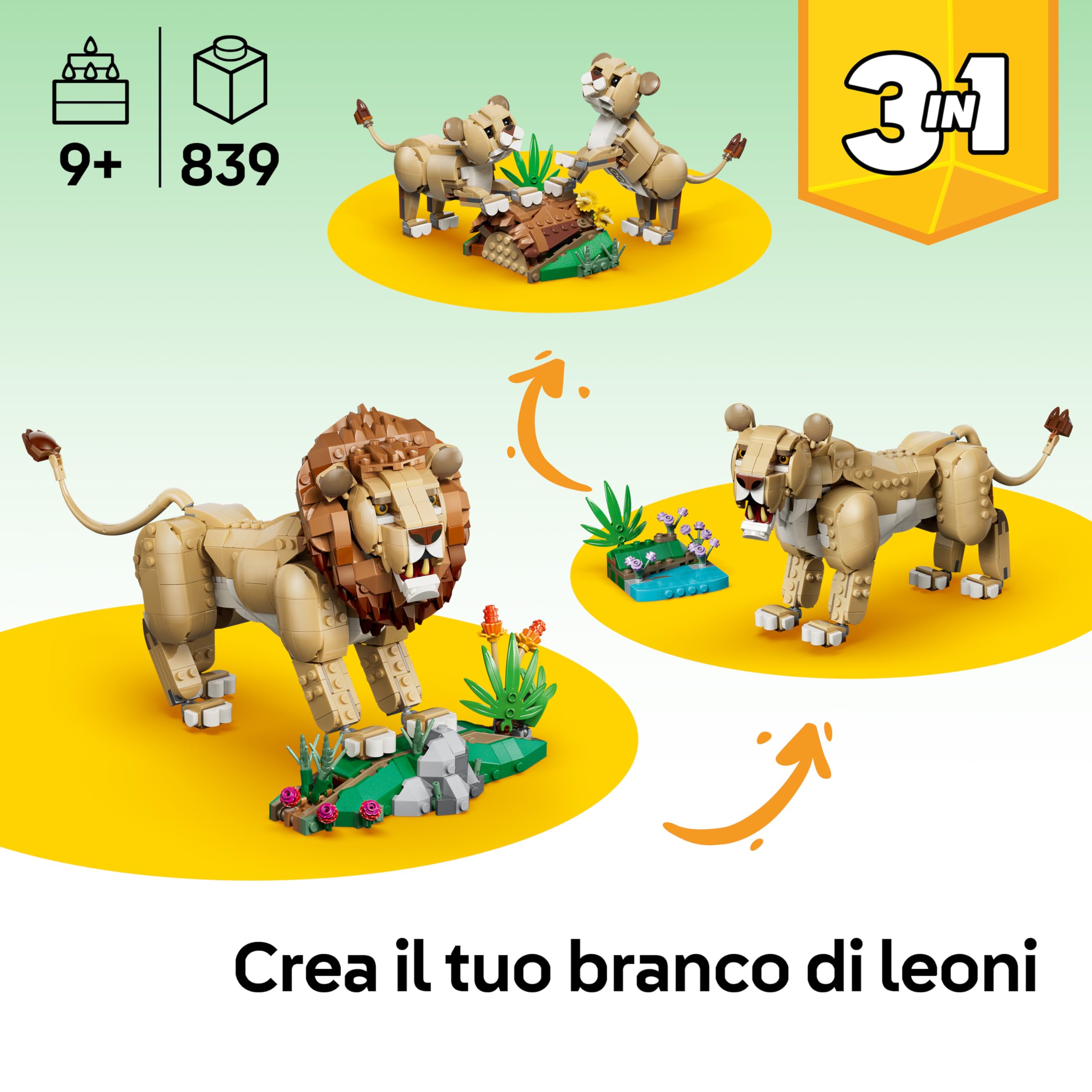 LEGO Creator 3in1 Animali Selvatici: Leone Maestoso Giocattolo - Trasformabile in una Leonessa o in 2 Cuccioli - Decorazione Camera da Letto Fai da Te - Regalo per Bambine e Bambini da 9 Anni - 31386