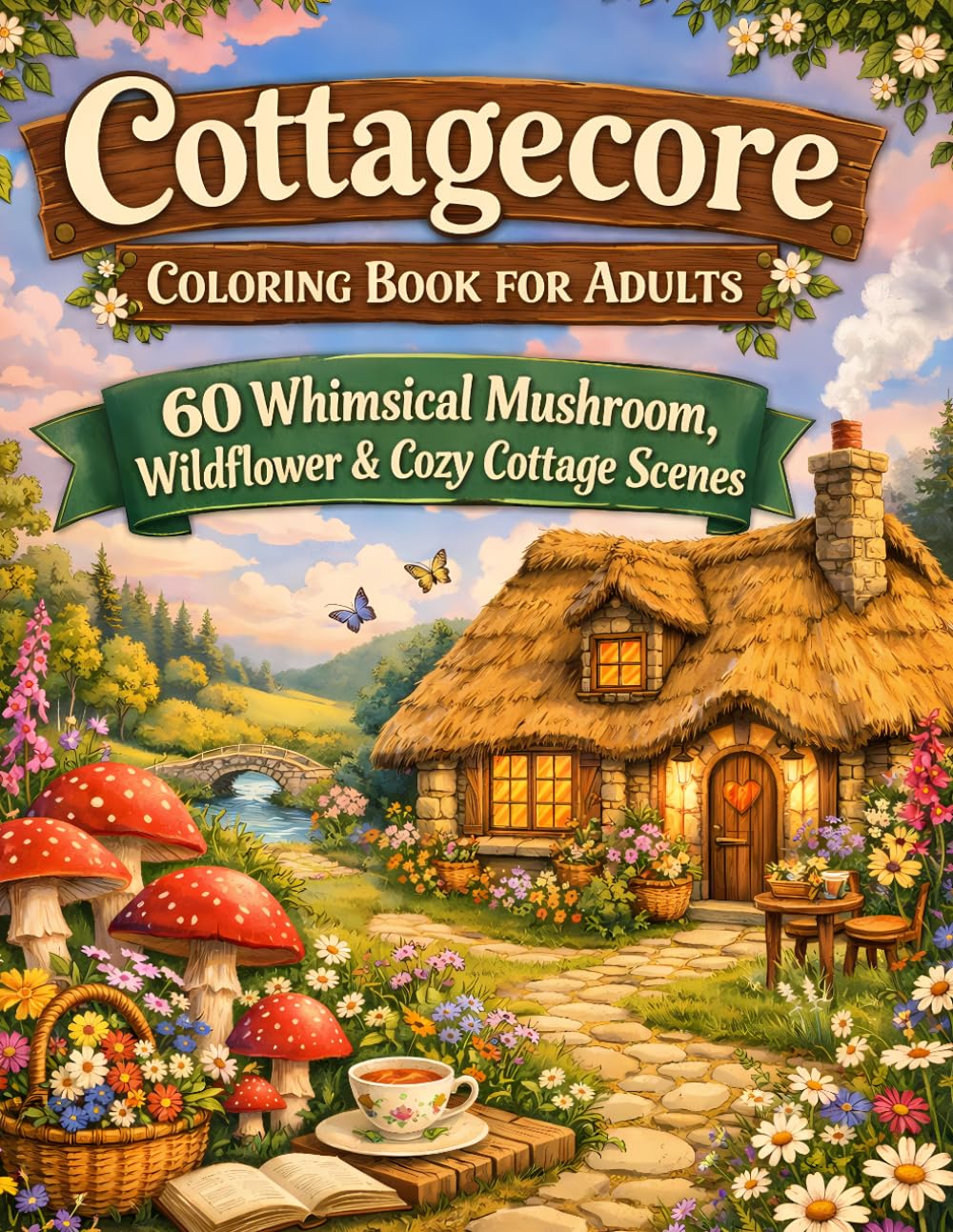 Cottagecore Coloring Book for Adults: Whimsical Mushroom, Wildflower & Cozy Cottage Scenes for Stress Relief, Relaxation and Mindfulness
