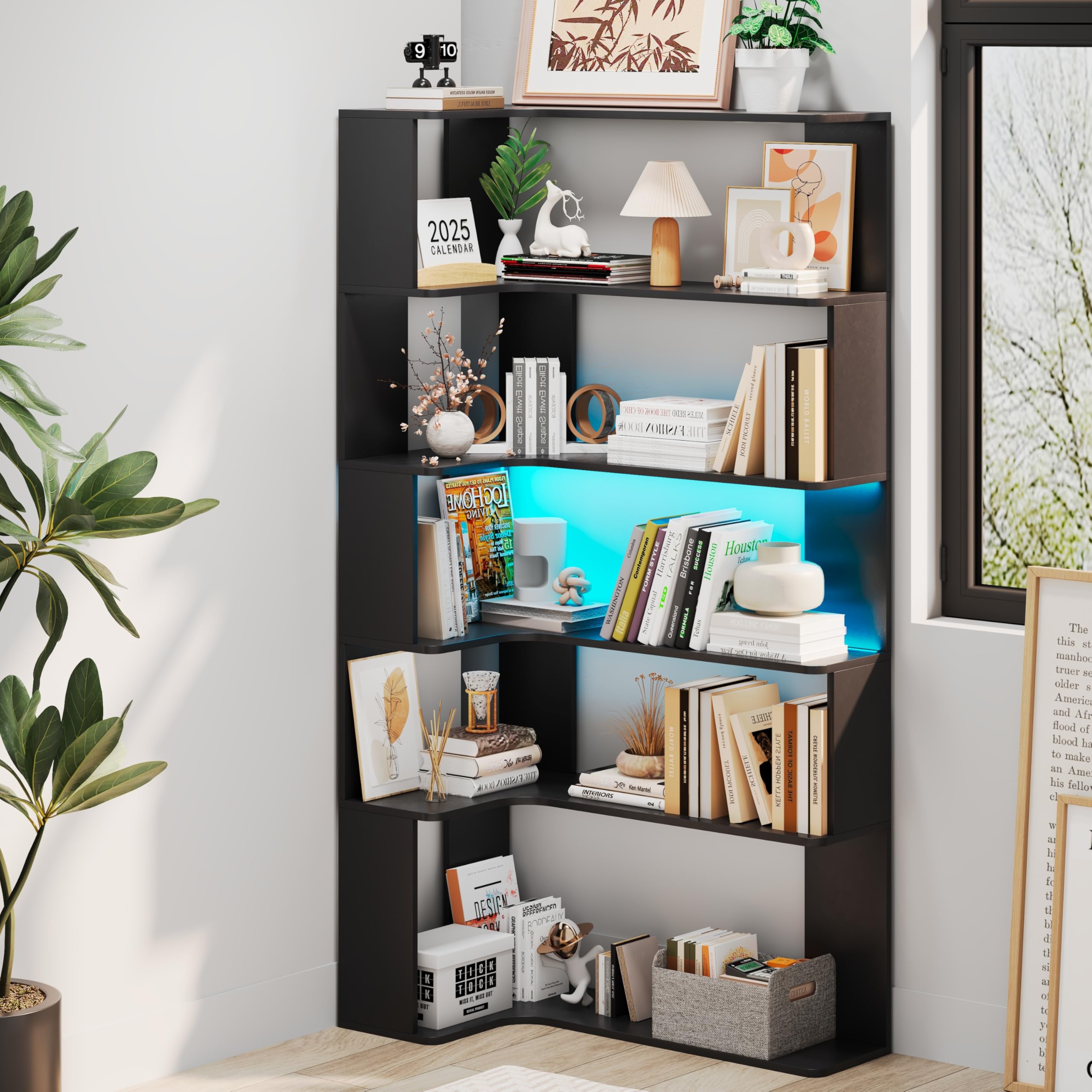 Libreria Angolare con Striscia Luminosa a LED, 5 Ripiano Libreria Nero, scaffale a forma di L, 90 x 48 x 169 cm, Grande Verticale per Soggiorno, Camera da Letto, Ufficio