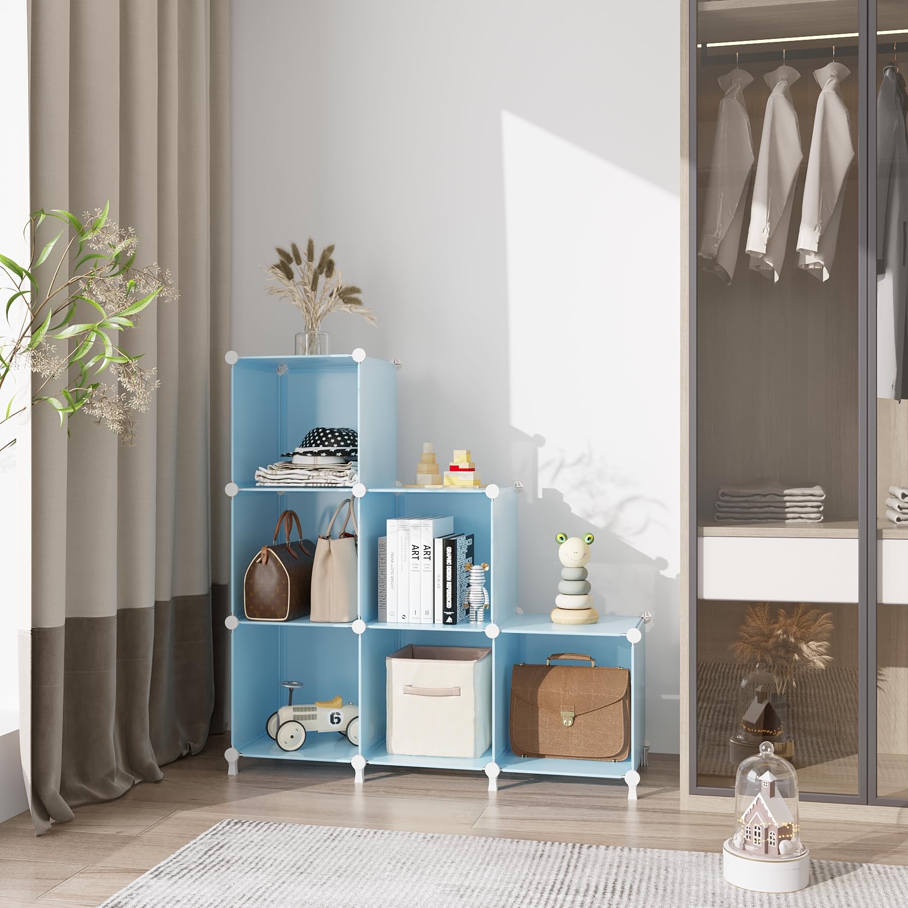 AWTATOS Organizzatore per armadio portatile per bambini, impilabile, 6 cubi, organizer per vestiti, per camera da letto, casa, blu