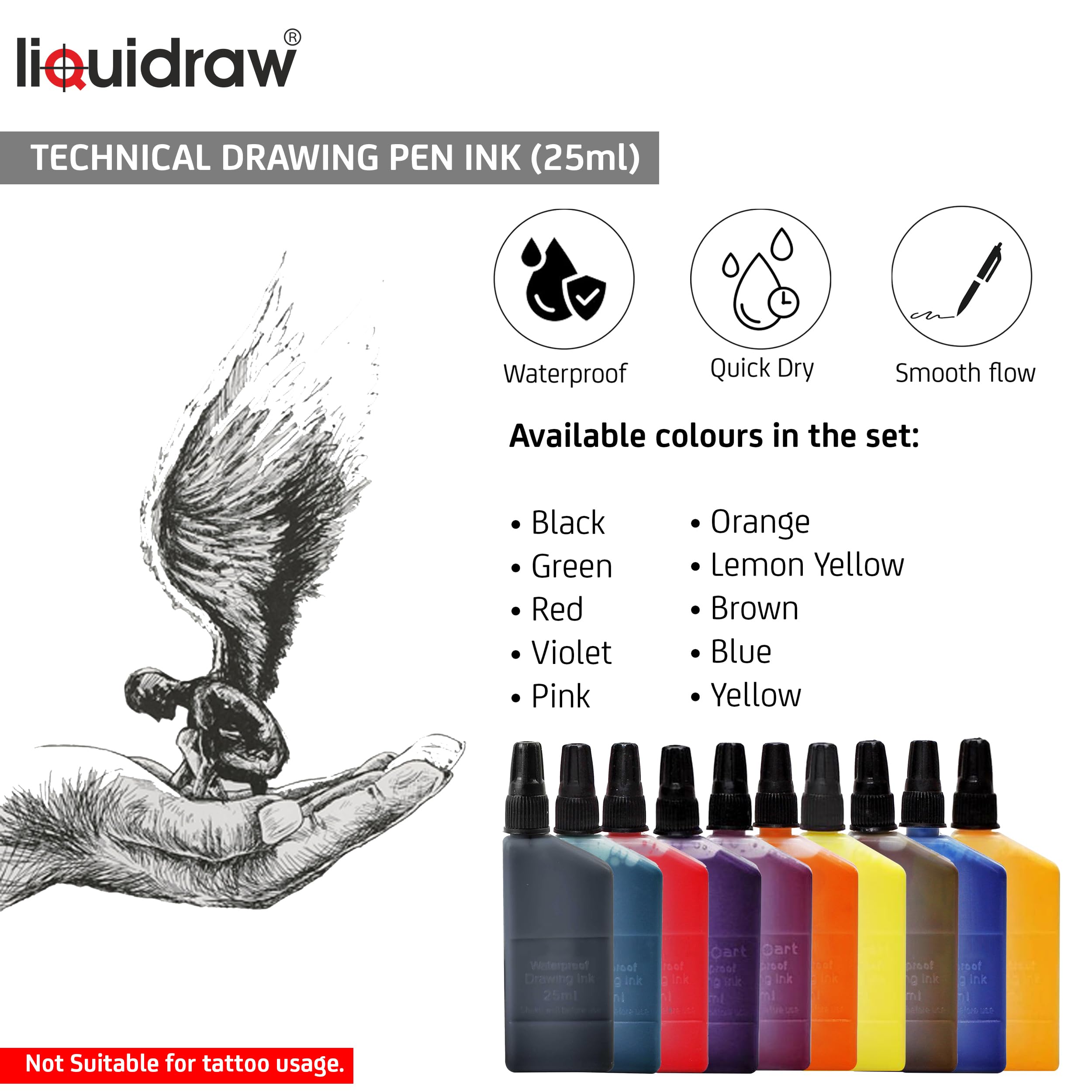 Liquidraw Technical Pen Encre à dessin étanche 25 ml Couleurs assorties (compatible avec les stylos Isographe Rotring) (10 couleurs assorties)