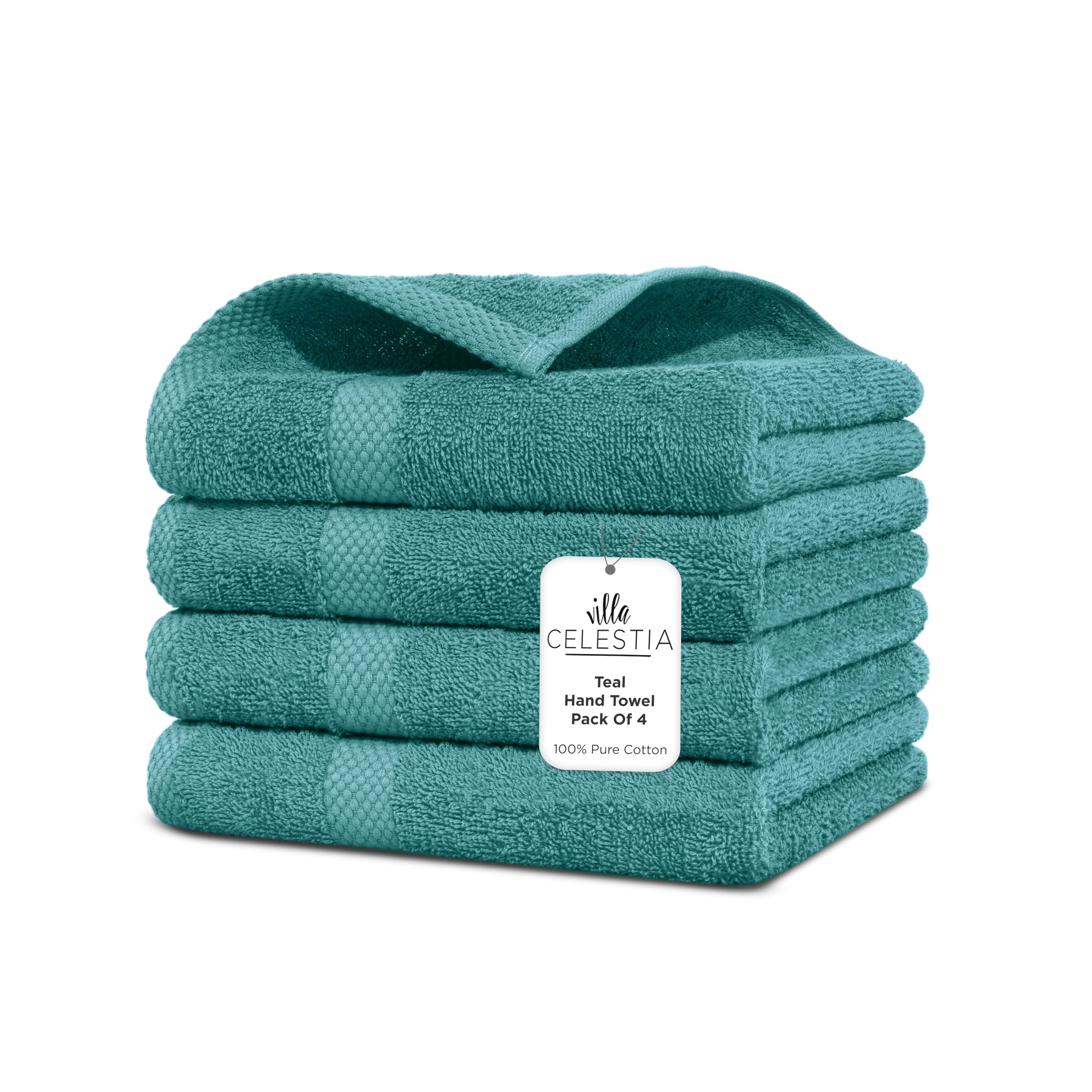 Villa Celestia Cotton Hand Towels Set of 4, 16 x 28, Oeko-TEX Certified, Quick Dry, Teal