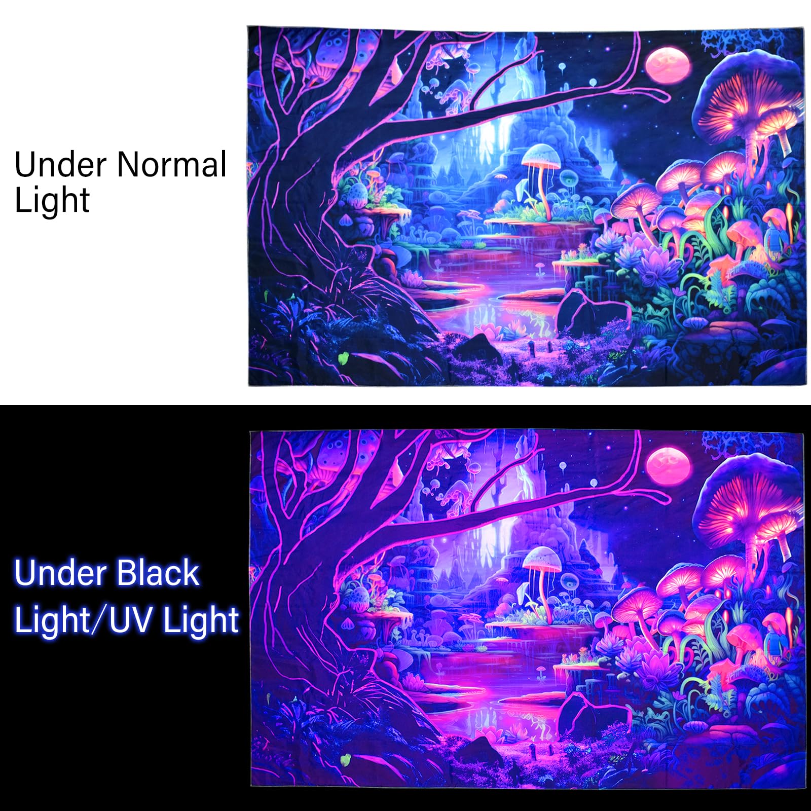 Cyiecw Tapisserie Murale Aesthetic, Lumière Noire Réactive Aux UV, Champignon Plantes Fluorescentes Forêt Psychédélique, Tissu Décoration Tenture Murale Pour Chambre à Coucher, Salon