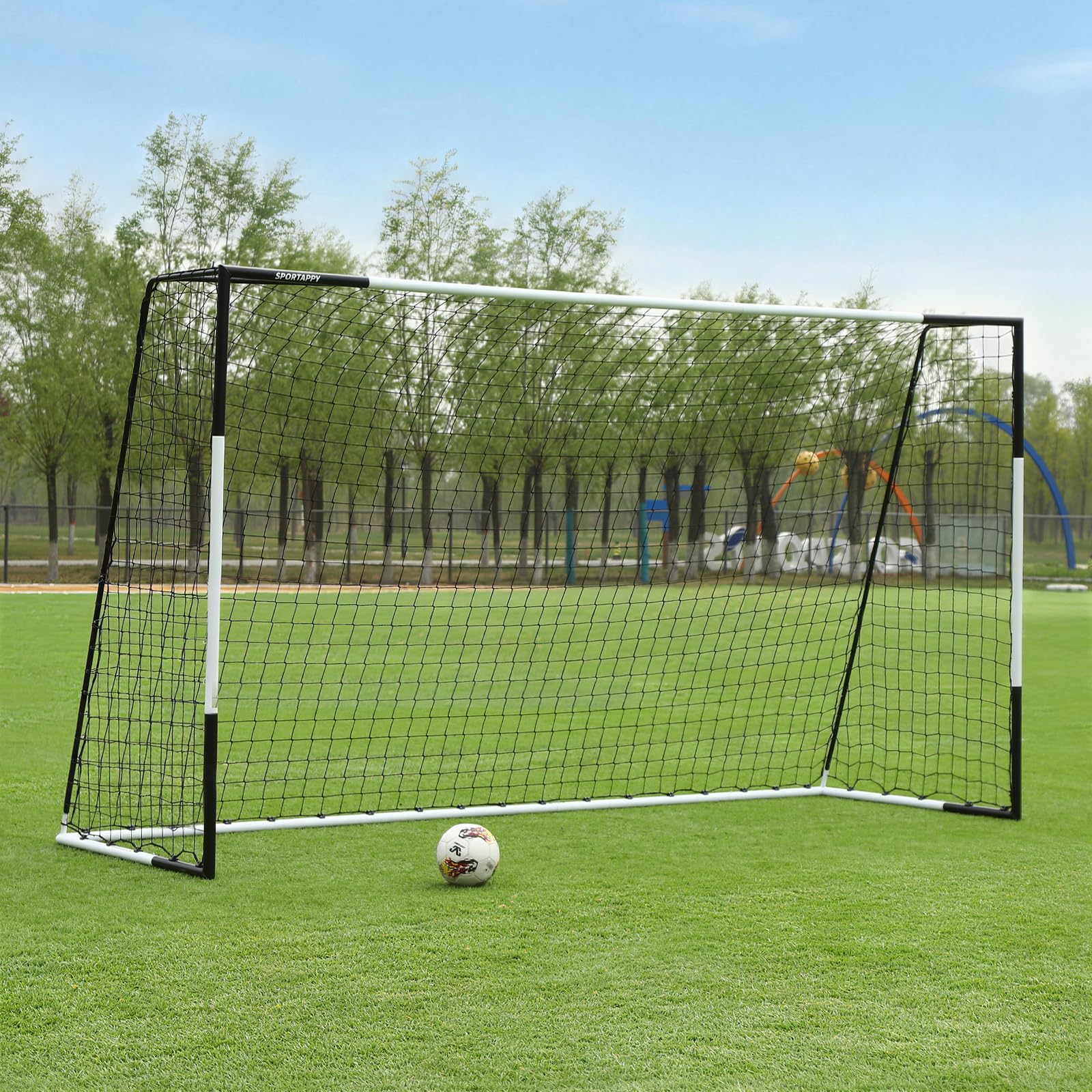 Porta da calcio per uso intensivo 2,6x3 | 4x6 | 6x8 | 6,5x10 | 6,5x12 piedi, struttura in acciaio resistente alle intemperie, montaggio rapido senza attrezzi
