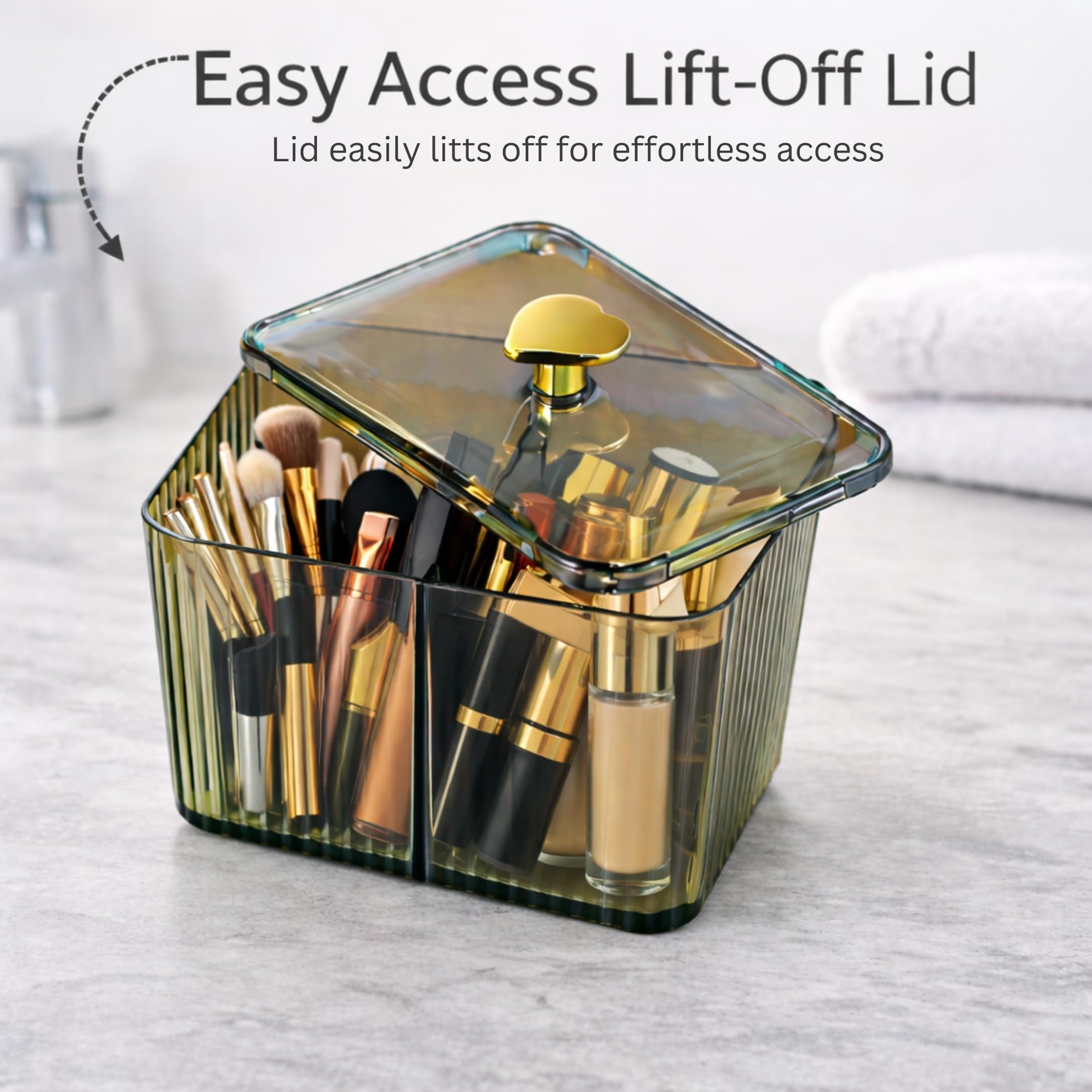 HoopVool ® Cosmetic And Makeup Organizer Box,Cotton Swabs Storage with Lid,Makeup Pad Holder,Bathroom Canister Multipurpose Box Divided for Face Brush Pens. (Green Heart),14 cm,10 cm,14 X 10 X 10 cm 3