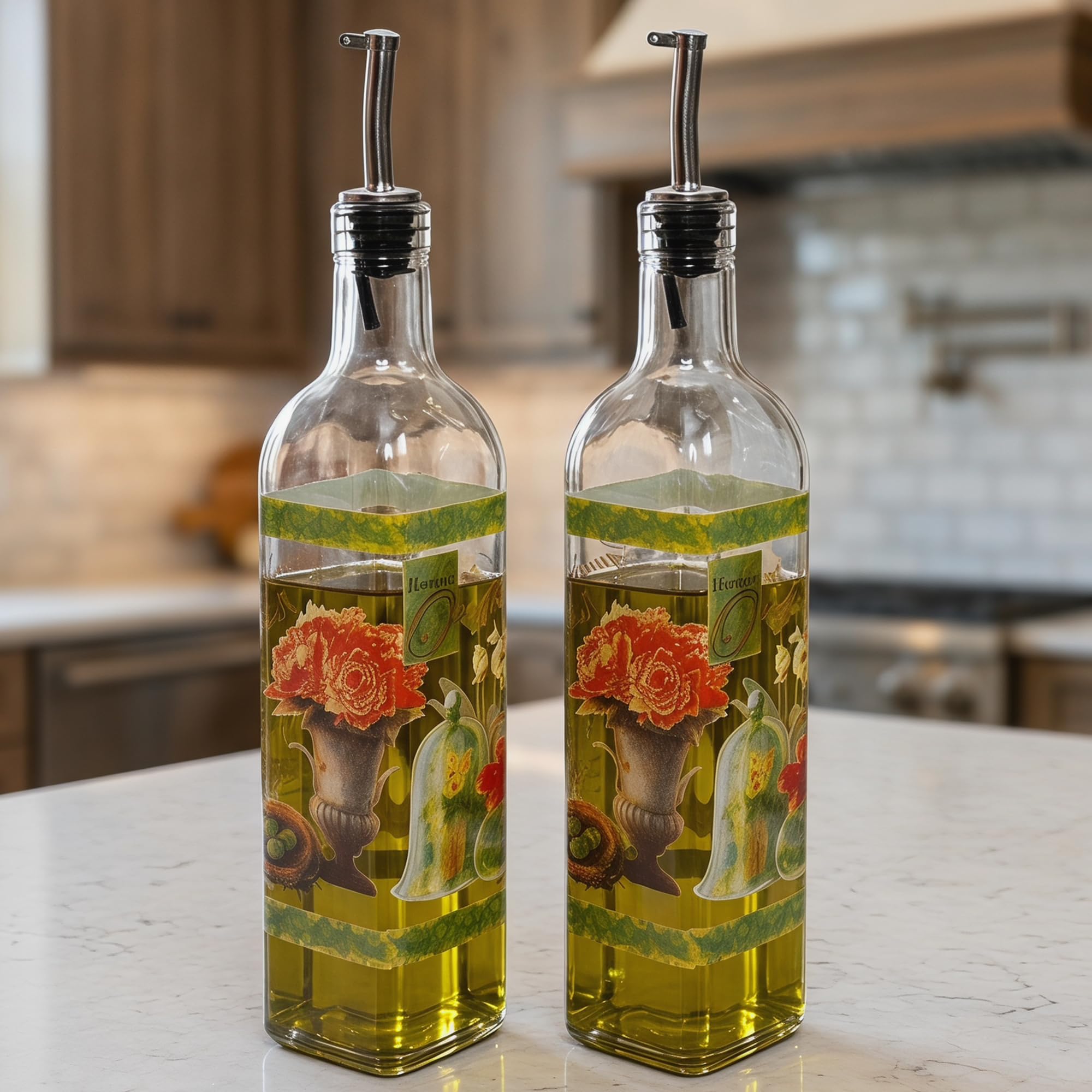 DUSVALLY 2 Pack Glass Olive Oil Dispenser Bottles, 500ml Floral Design