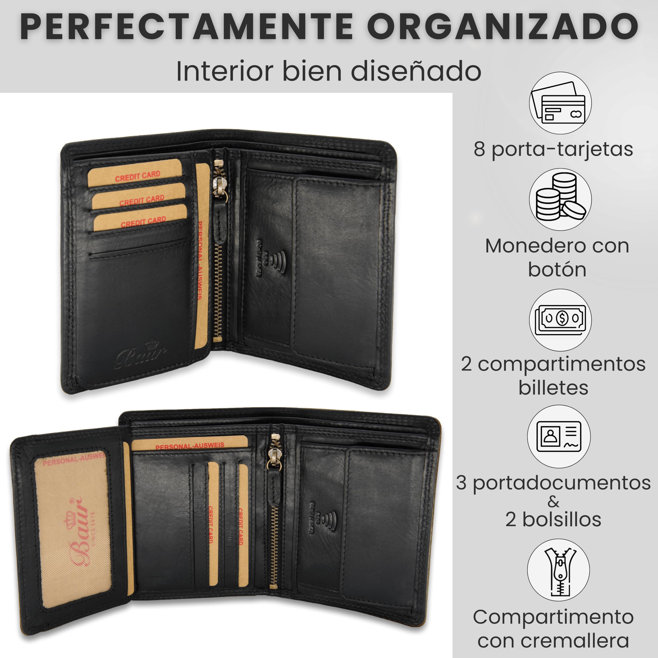 Baur - Cartera de piel auténtica para hombre, con protección RFID, Negro , 10cmx12,6cmx2cm, Clásico