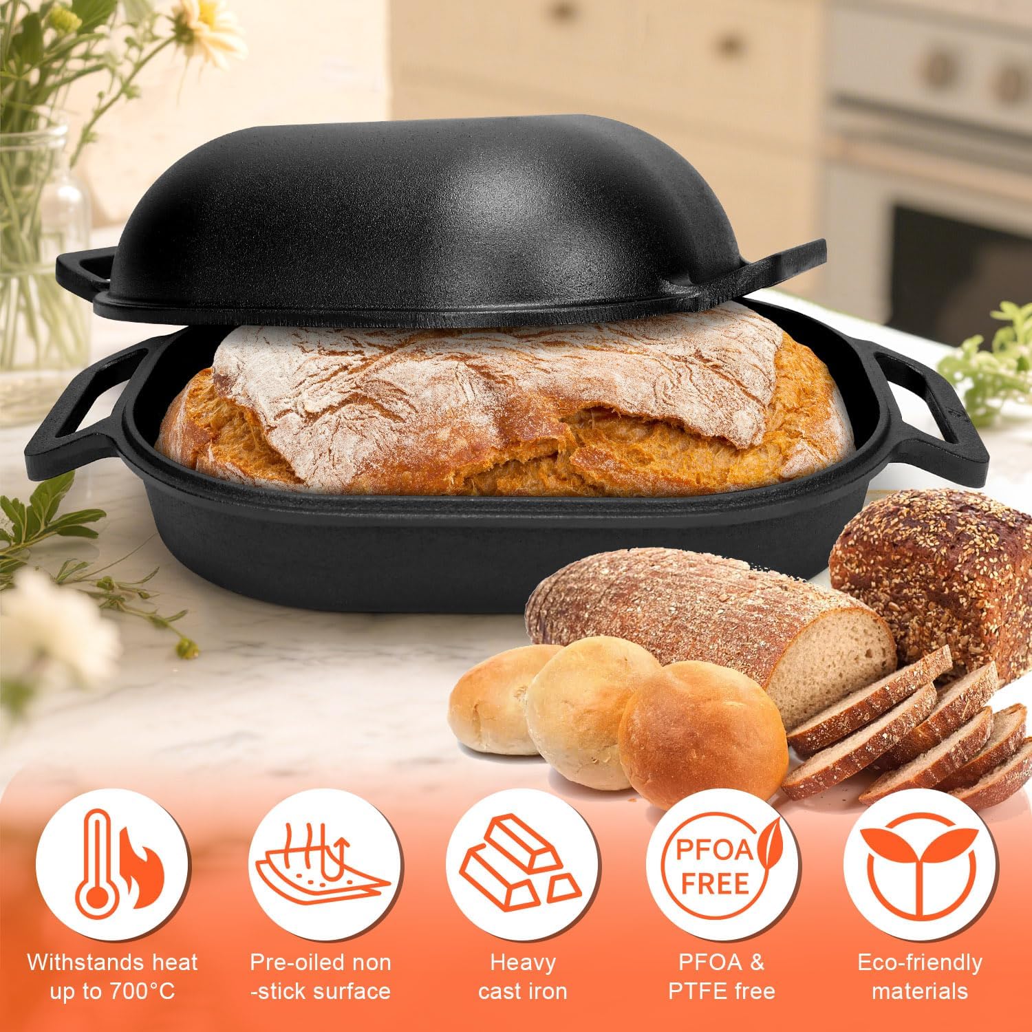 GFTIME Gusseisen Topf 40cm Brot Backen, Brotbackform mit Deckel - Robuste Brotbackform mit Deckel - Idealer Brottopf, Brotbacktopf, Gusseisentopf Brotform, Toastbrot Backform