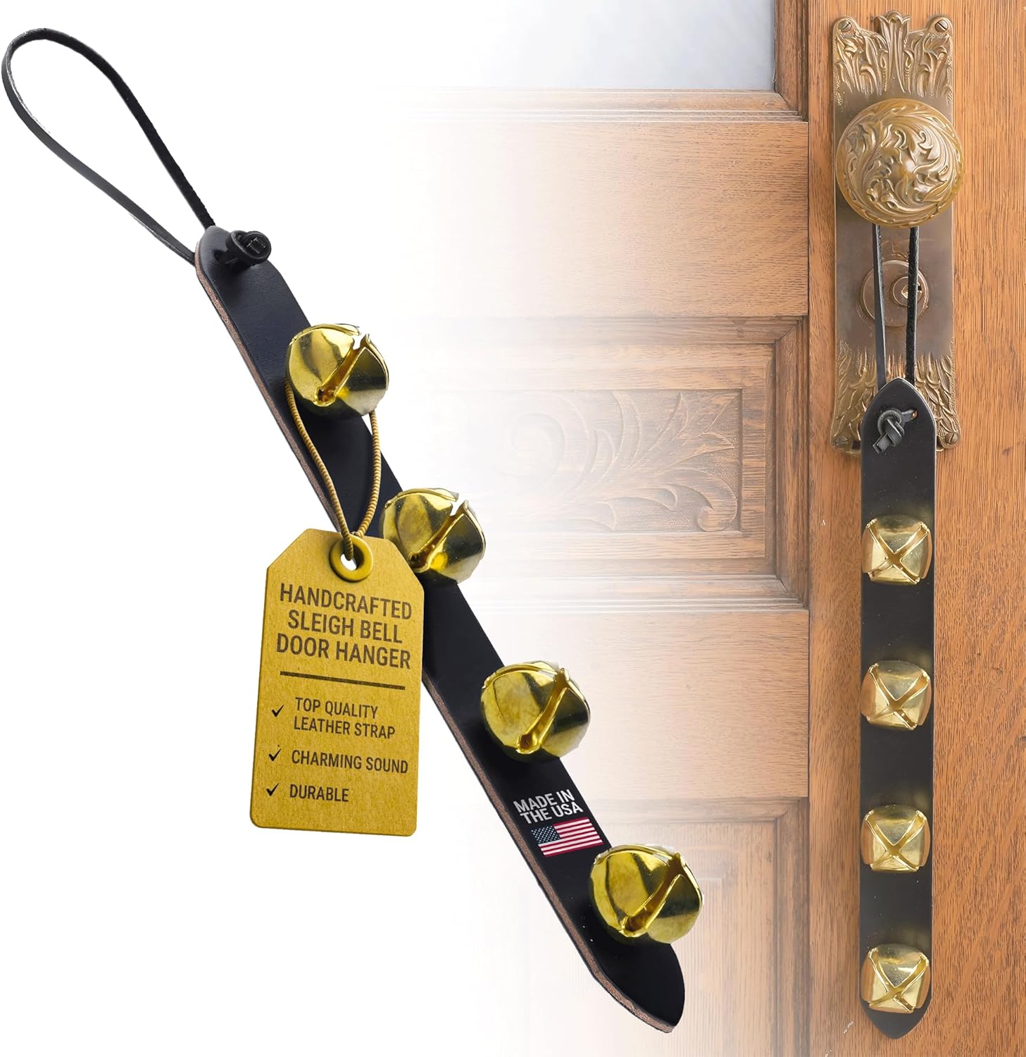 Amish Crafted Leather Strap Arctic Sleigh Bell Door Hanger Hanging Jingle Bells (Brown Leather, 14 Inches)