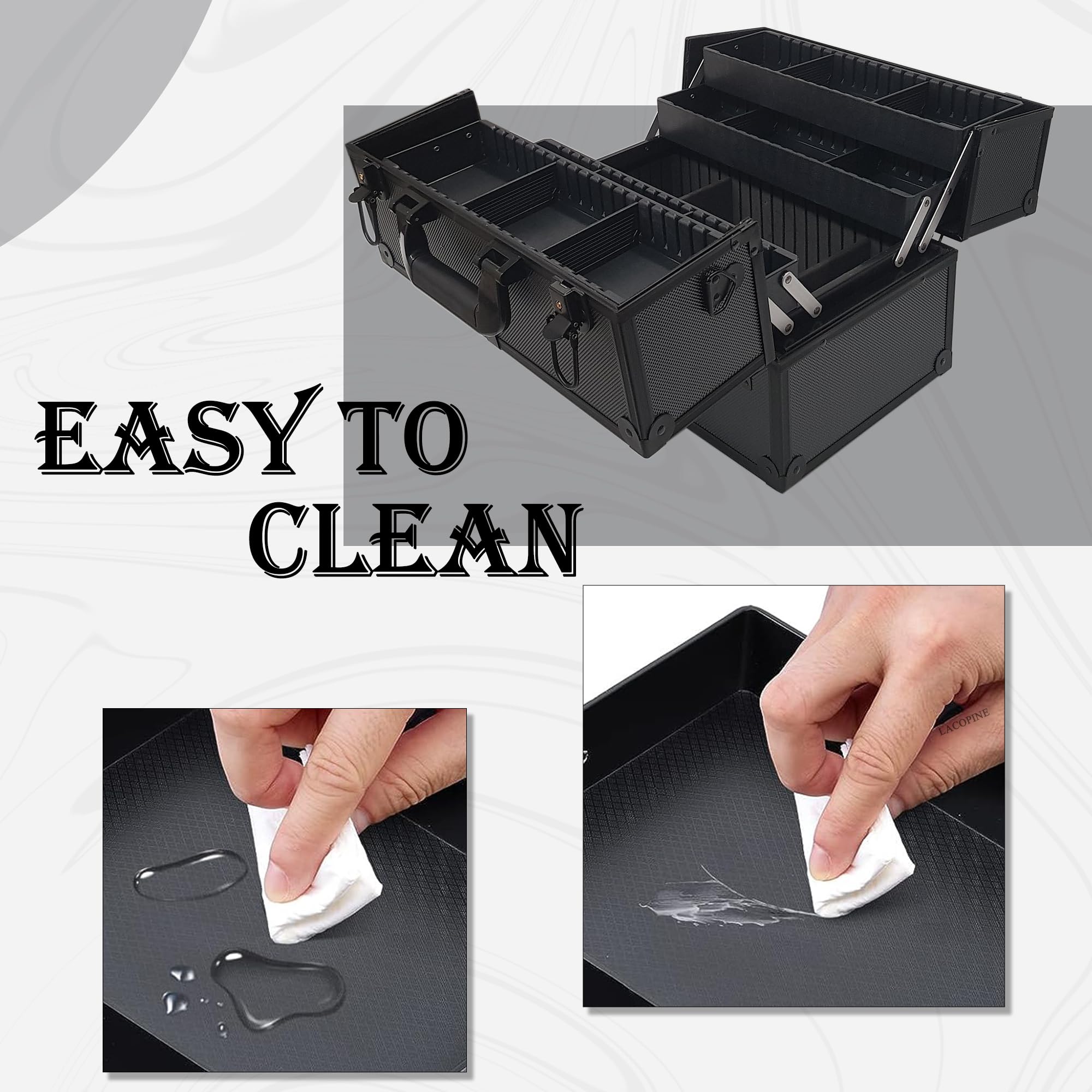 LACOPINE Makeup Train Case Professional Adjustable - 4 Trays Cosmetic Cases Makeup Storage Organizer Box with Lock and Compartments (DESIGN2-BLACK) - Image 4 thumbnail