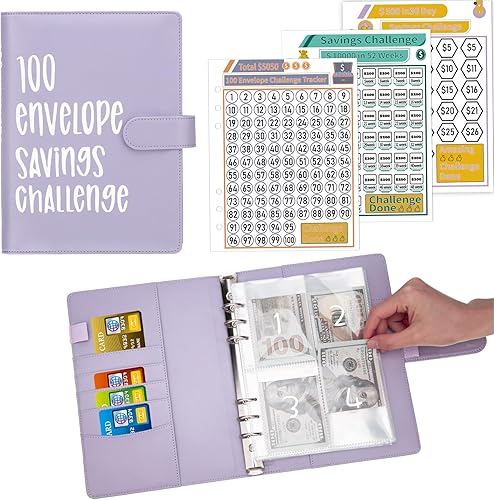 Ndsox Carpeta de desafíos de ahorro de dinero con 100 sobres, carpeta de presupuesto A5 con sobres de efectivo, libro de desafíos de ahorro para