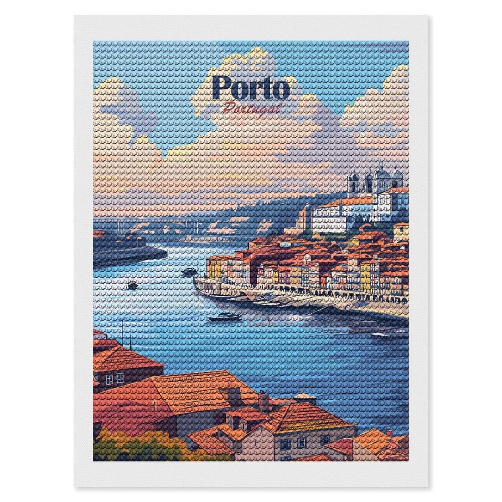 Junmoney Porto, Portugal Cityscape Diamond Painting Canvas Set 12"x16", Easy to Enjoy, Adhesive Canvas, Office Decor, Holiday Gift Idea, with Tool Kit