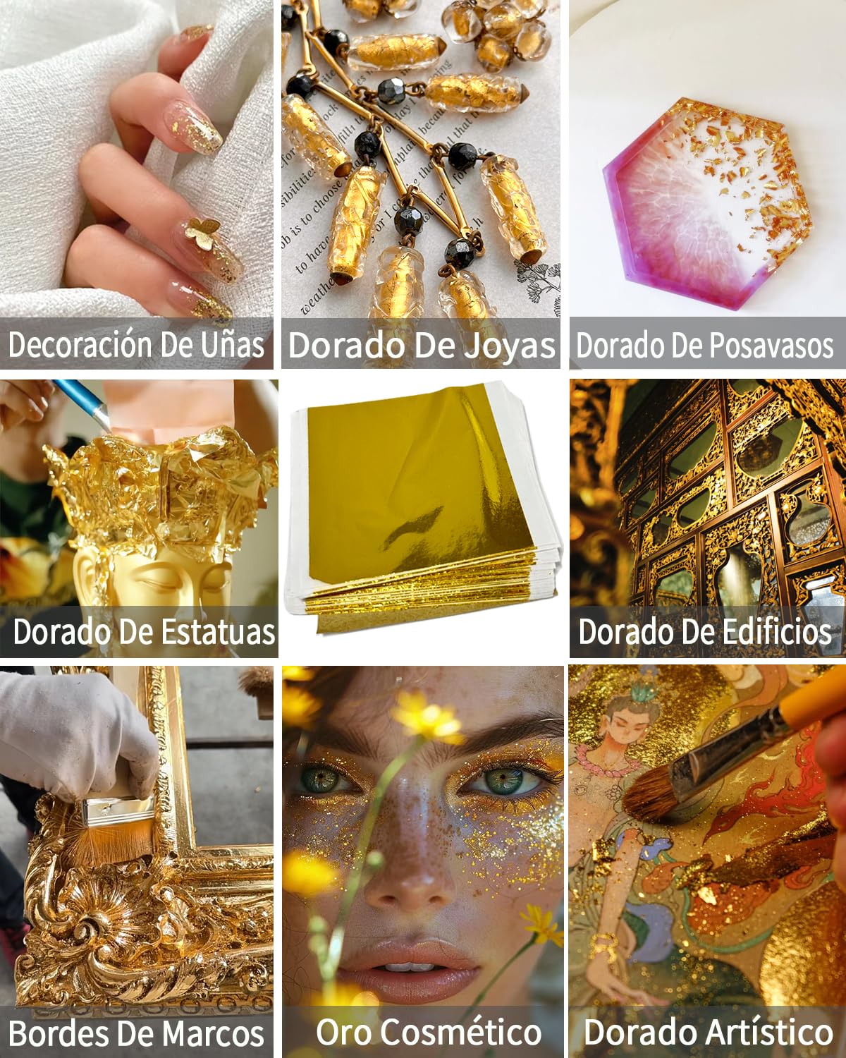 Hojas de Oro – Pack de 100 Hojas Grandes 14 x 14 cm para Artes, Manualidades, DIY, Dorado, Pintura, Scrapbooking, Decoración del Hogar, Muebles, Uñas y Proyectos Creativos