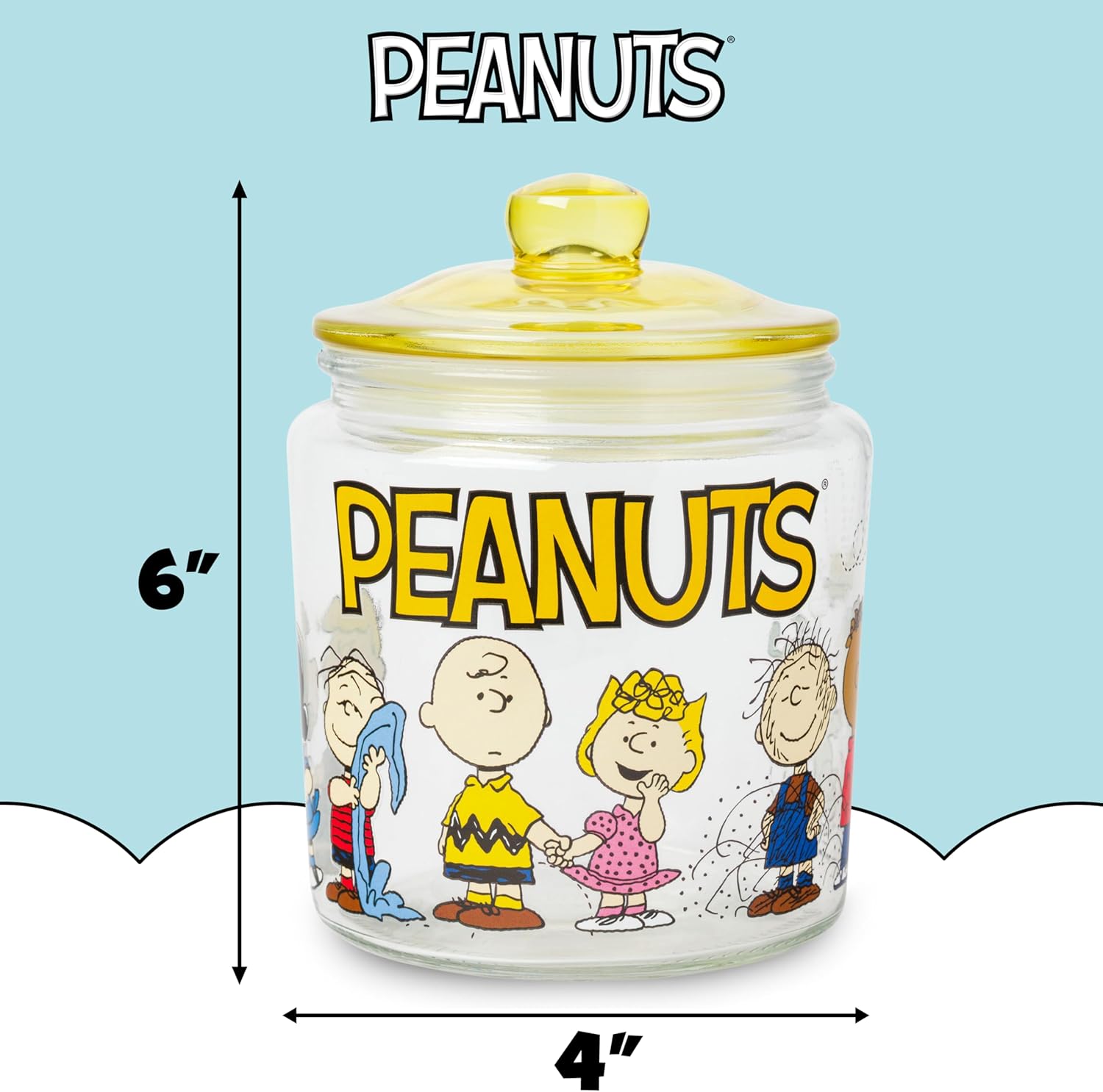 Silver Buffalo Peanuts Squad Featuring Charlie Brown, Snoopy, Schroeder, Lucy, Linus, Sally, Pigpen, Woodstock, and Franklin Glass Cookie Snack Candy Jar with Lid (Small) - Image 2