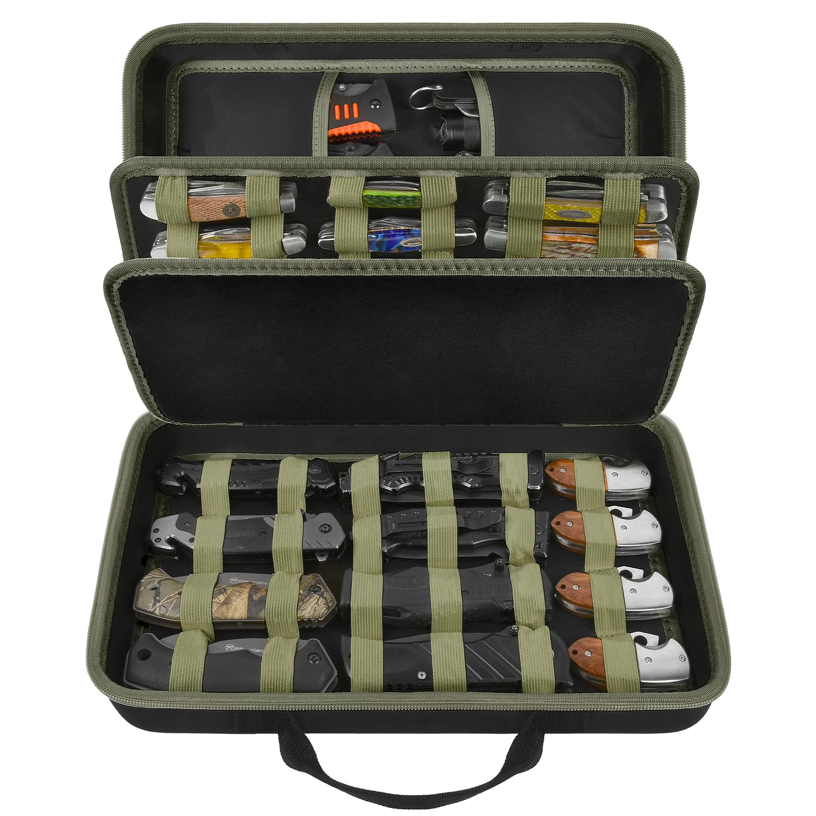 Knife Display Case for 56+ Pocket Knife, Folding Knives Storage Holder, Knife Collection Carrying Box for Tactical, Hunting, EDC, Survival, Camping, Mini Knives, Butterfly Knife Organizer（Green