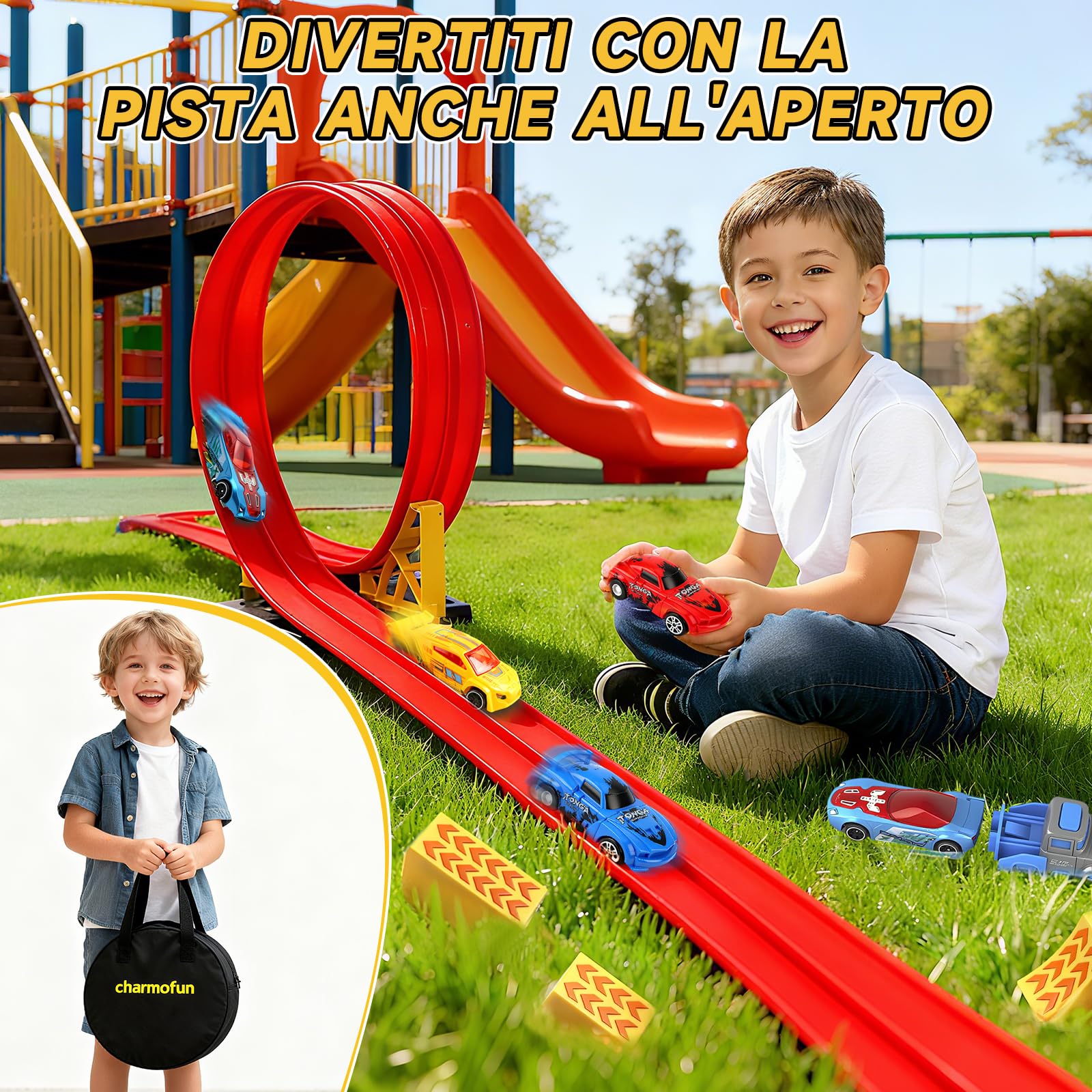 Charmofun Pista Macchinine Flessibile 5M, Giocattolo Piste da Corsa con 4 Auto, Borsa Stoccaggio, Circuito di Corse per Bambini con Rampa e Catapult, Portatile Pista per Bambini 3+ Anni (Rosso)