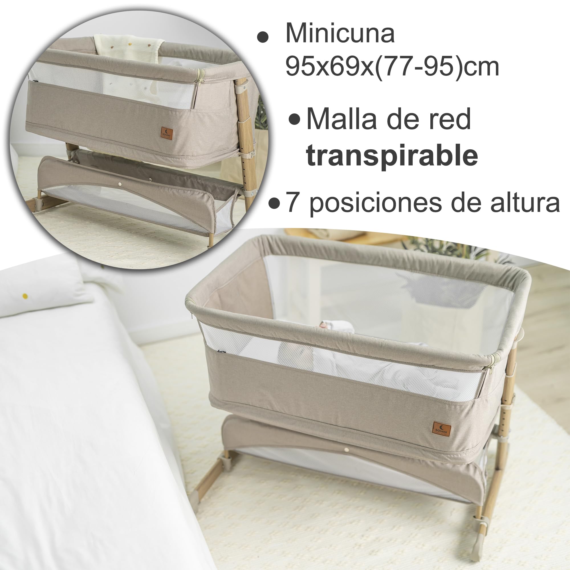 Olmitos – Cuna Bebe multifunción Colecho 4 en 1 Cama Infantil SOMNI evolutiva – Minicuna Convertible y Parque de Juegos 2 Niveles – Sofa Infantil Colchón viscoelástico 15cm con Barrera (Beige)