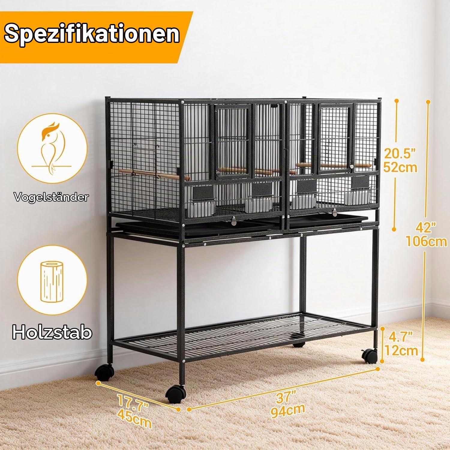 GarveeLife Vogelvoliere Großer Vogelkäfig Mit 2 Türen Vogelhaus Mit Holzstangen, 4 Rollen Und Herausziehbarer Reinigungswanne Vogelkäfig Geteilter Brutkäfig Für Kleinvögel, 94x45x106cm