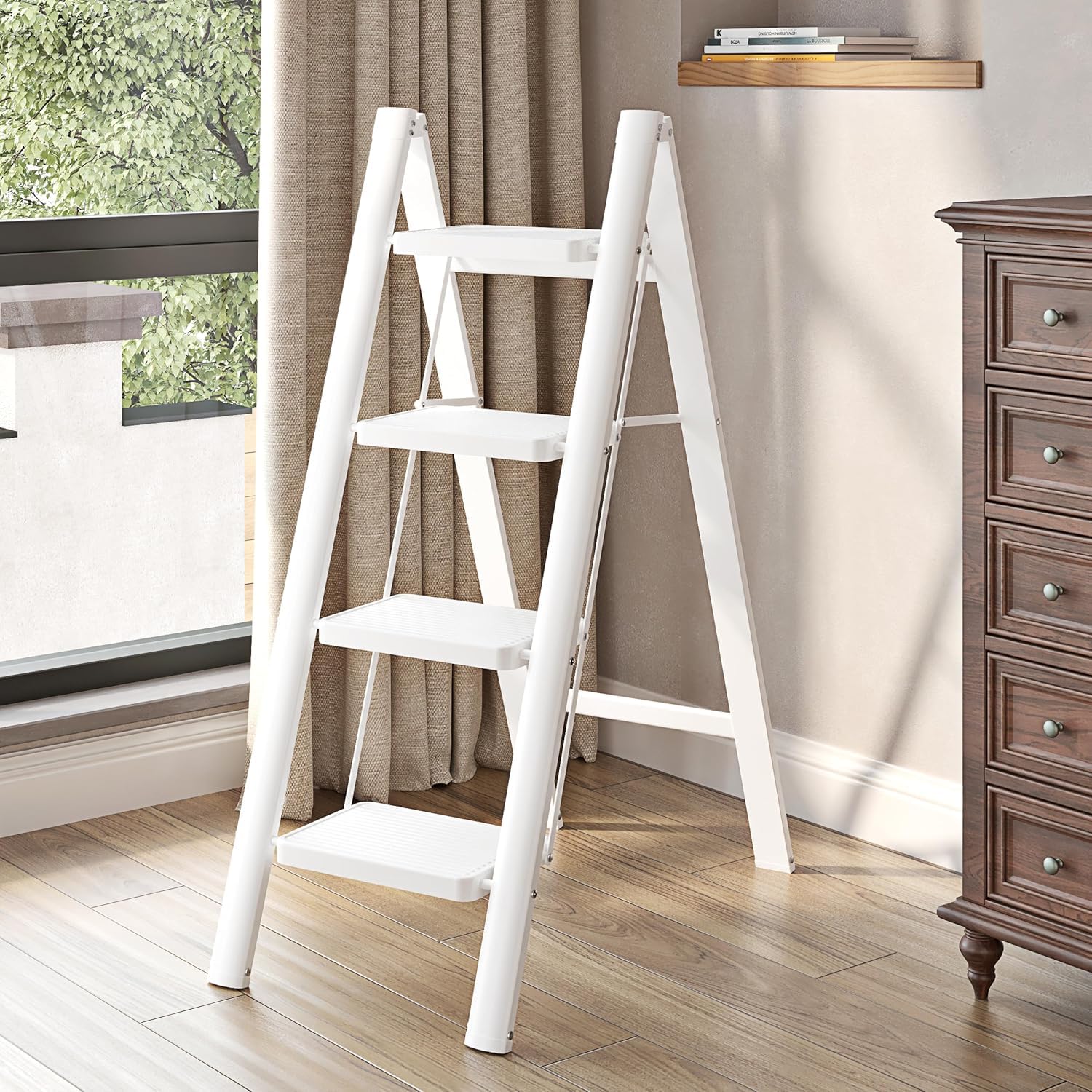Mild Steel Multipurpose Climb Swift Foldable Ladder with Safety Clutch Lock, Load Capacity Anti-Slip Designed for Indoor & Outdoor Use Foldable Step Ladder Compact Step Ladder (White, 4 Step)-image-5