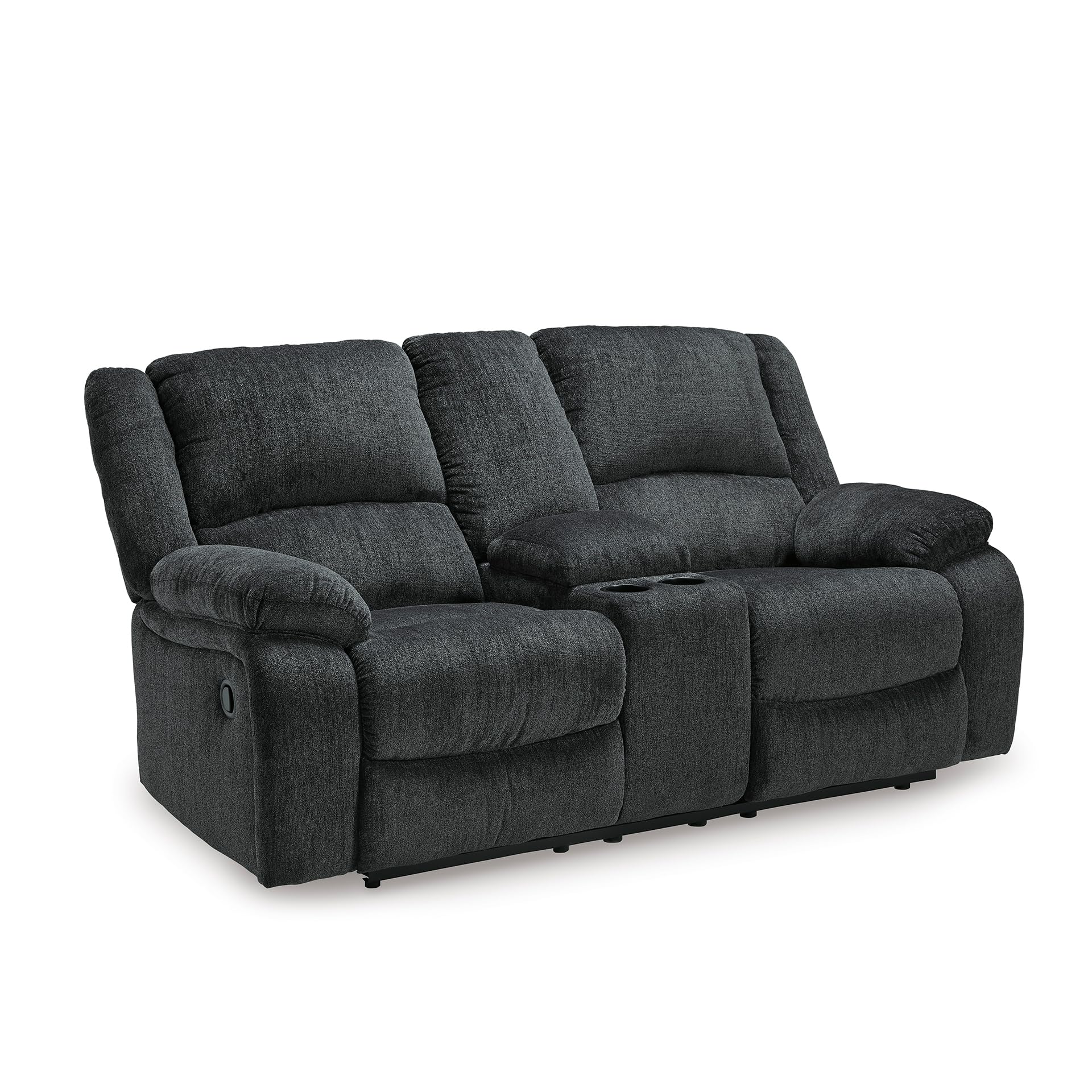 Draycoll Contemporary Reclining Loveseat with Storage Console and Cup Holders, Pull Tab Reclining, 21" Seat Height, Dark Gray