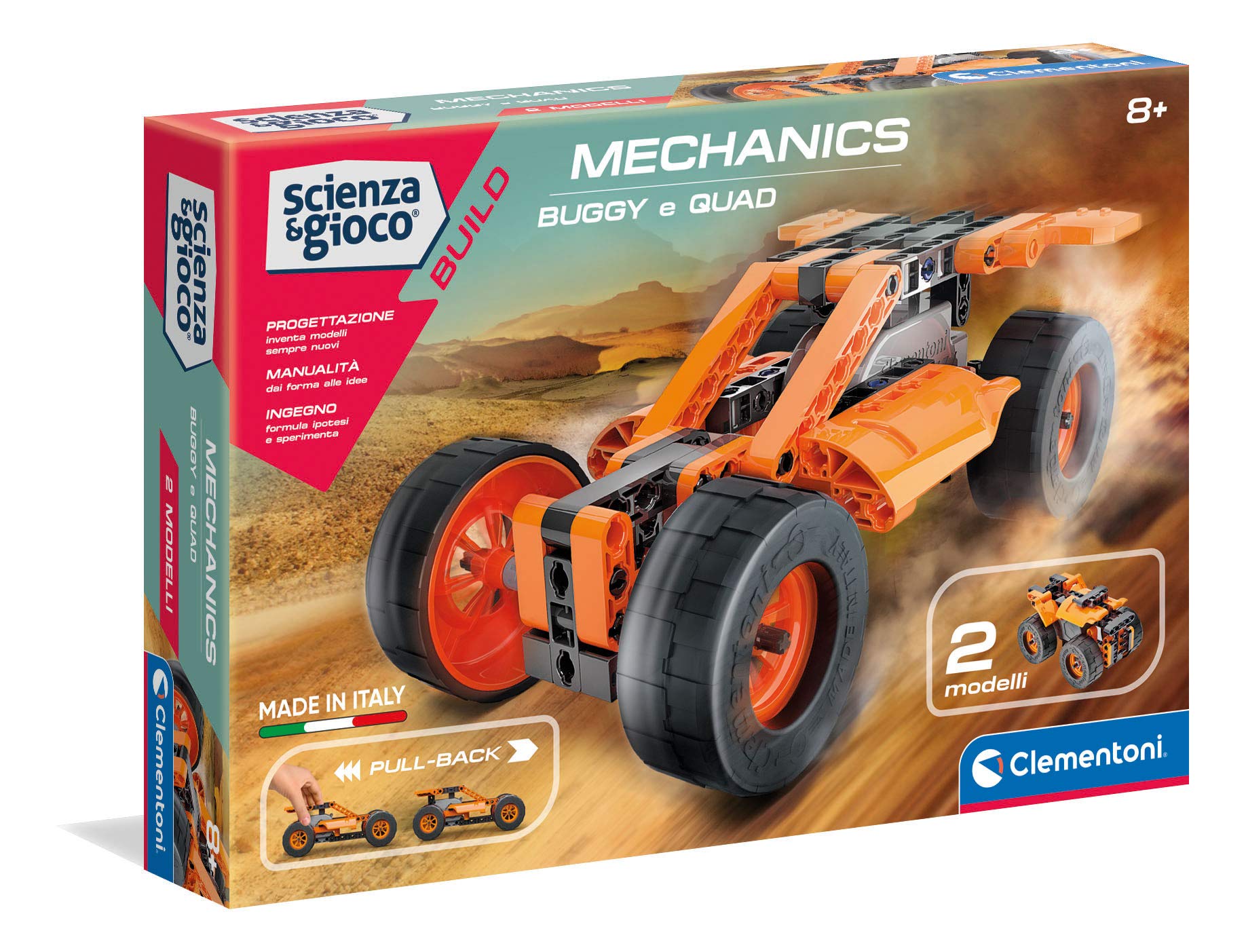 Clementoni 19189 Laboratorio di Meccanica-New Buggy & Quad Pullback-Construction Set (Italian Version) -Made in Italy, 8 Years+