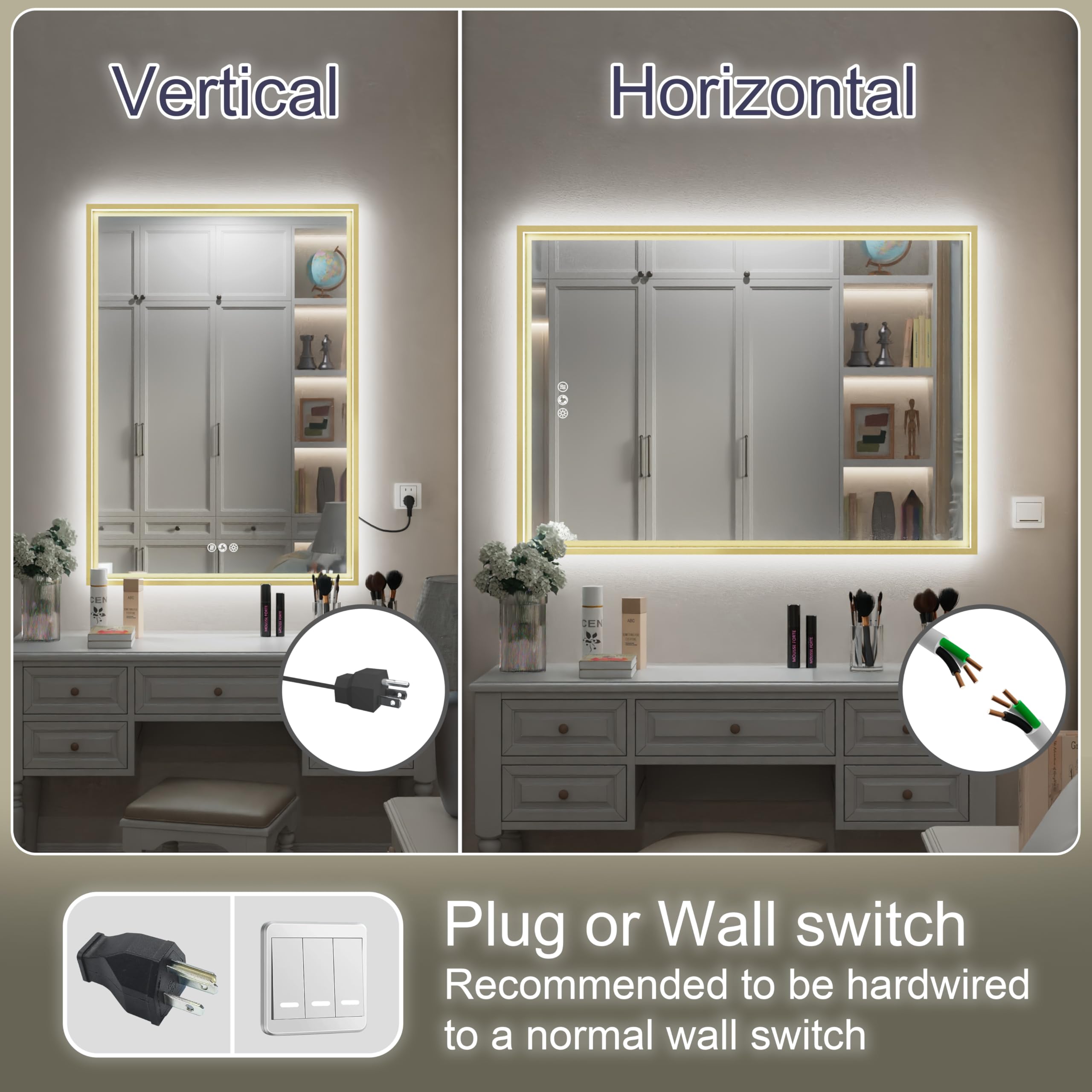 ISKM 48x32 Inch Framed LED Bathroom Mirror, Front And Backlit Dimmable Lighted A