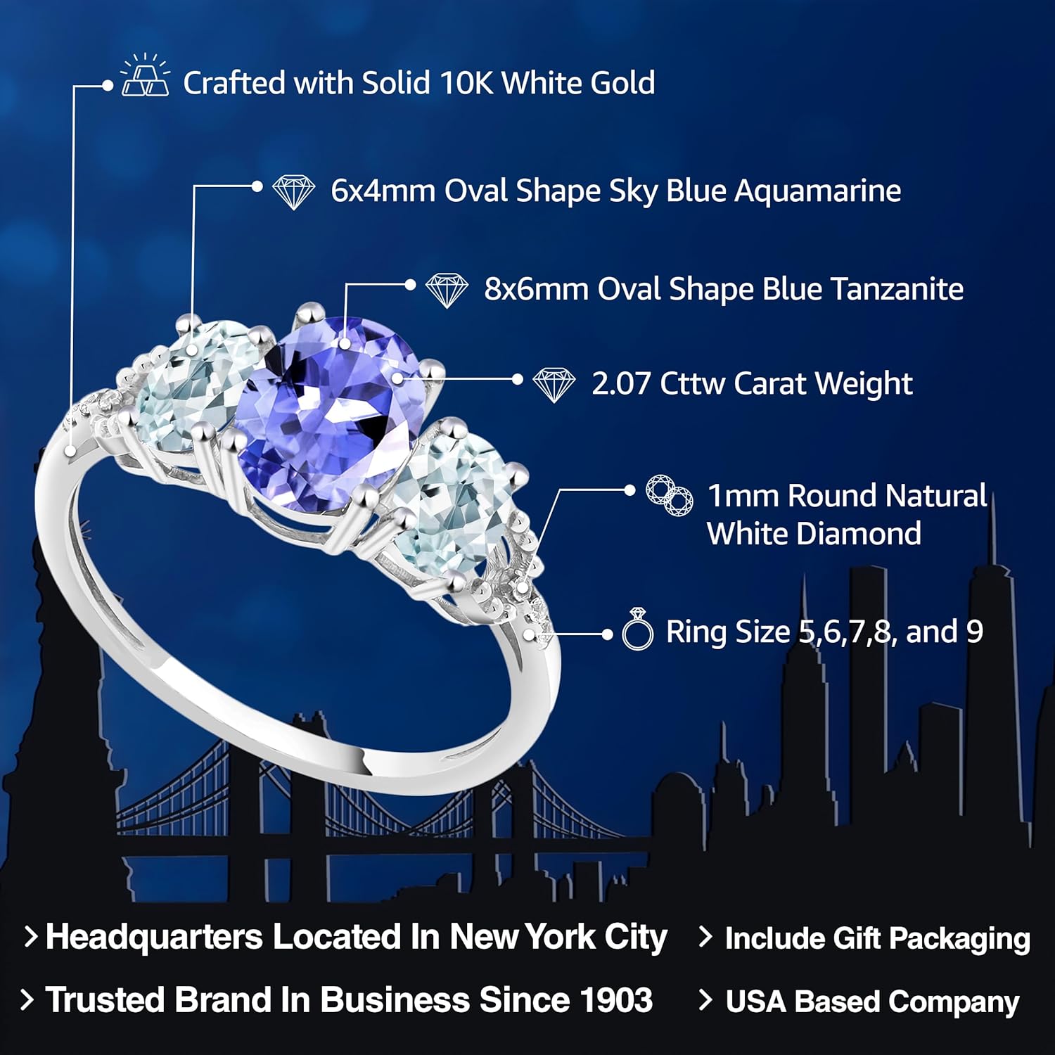 Gem Stone King 10K White Gold Blue Tanzanite Sky Blue Aquamarine & Diamond Accent 3-Stone Engagement Ring | 2.07 Cttw | 3 Stone Wedding Engagement Anniversary Promise Ring For Women