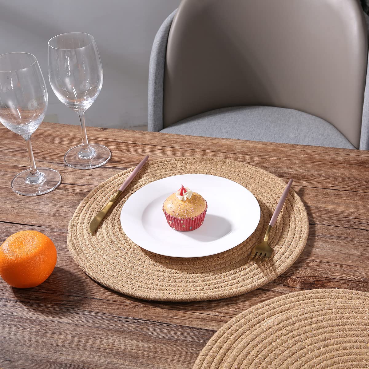 Runde, gewebte Tischsets, 35,05 cm, braune, dicke Tischsets aus Baumwoll-Jute-Seil, geflochtene Tischsets im Rattan-Stil, für Esstisch, 6 Stück