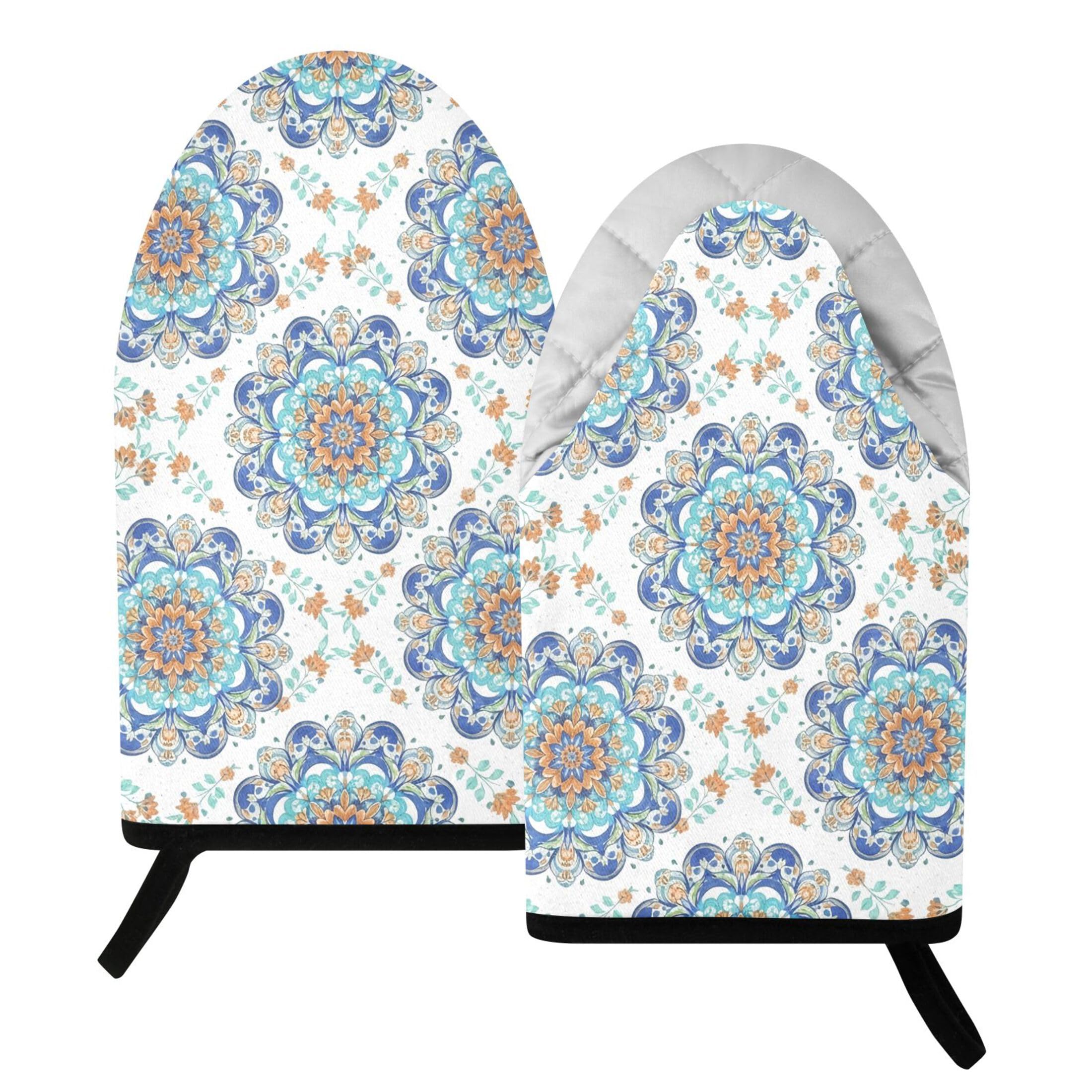 Kutsu Floral Mandala Oven Mitts for Kitchen, Heat Resistant Cotton Oven Gloves for BBQ Baking Cooking, Breathable Kitchen Essentials, 2 pcs