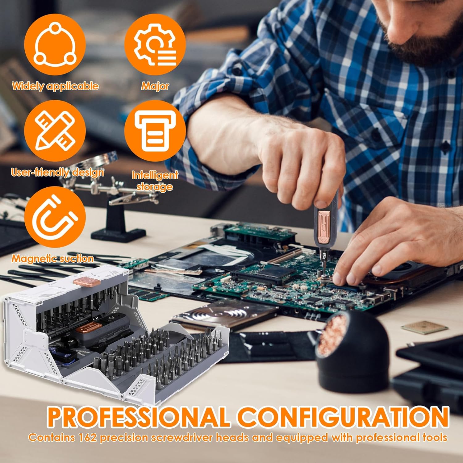 The Tcwhniev precision screwdriver set open, highlighting its professional configuration with 162 precision screwdriver heads.