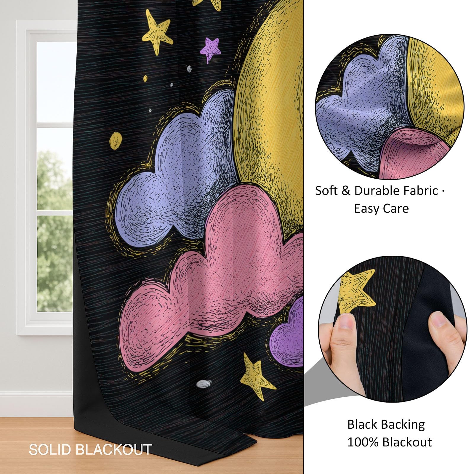 Rideau Occultant Noir, Rideaux Thermique Isolant Doux Anti UV - Draperies Intérieurs Ciel Étoilé Cartoon Nuages Lune pour Salon Chambre Décoration de Fenêtre 110L x 215H cm Lot de 2