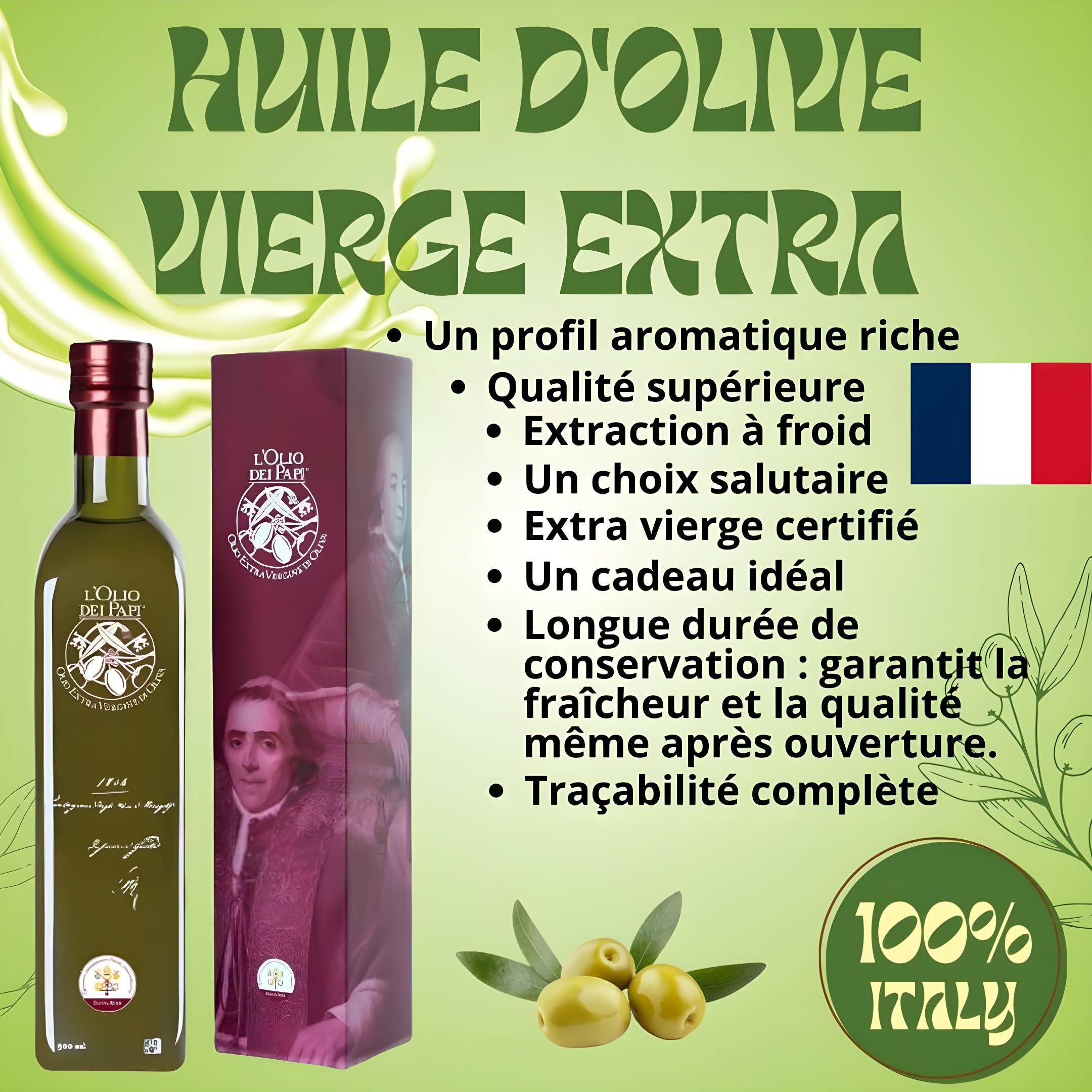 L'Olio dei Papi 100% Huile d'Olive Extra Vierge Italienne extraite à froid des oliveraies centenaires des anciennes terres des Papes 0,5 LT (étui)